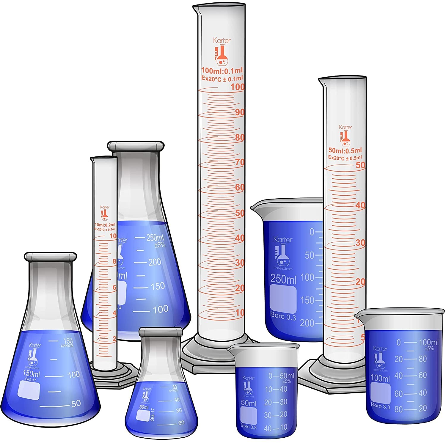 3 of Each Beaker, Flask, Cylinder Sets, 3.3 Boro. Glass KarterSci
