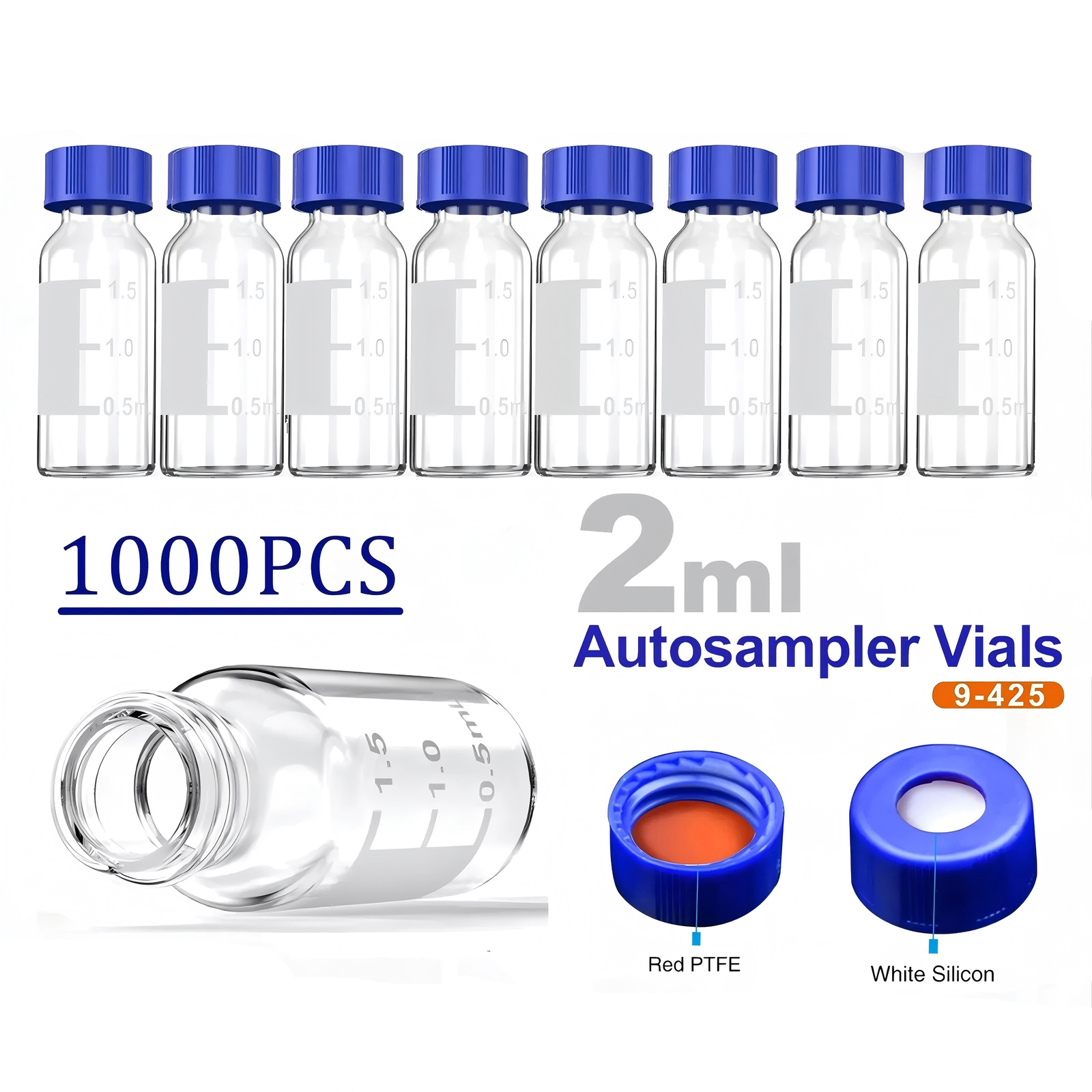1000x 2ml Autosampler Vials+ Pre-Slit Caps 9-425 Glass Bottle Screw Top HPLC GC