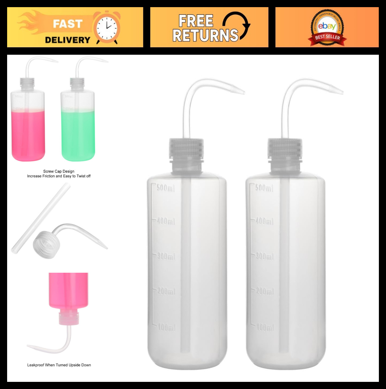 2-Pack 500ml Plastic Safety Lab Wash Bottles – LDPE Narrow Mouth Squeeze Bottles
