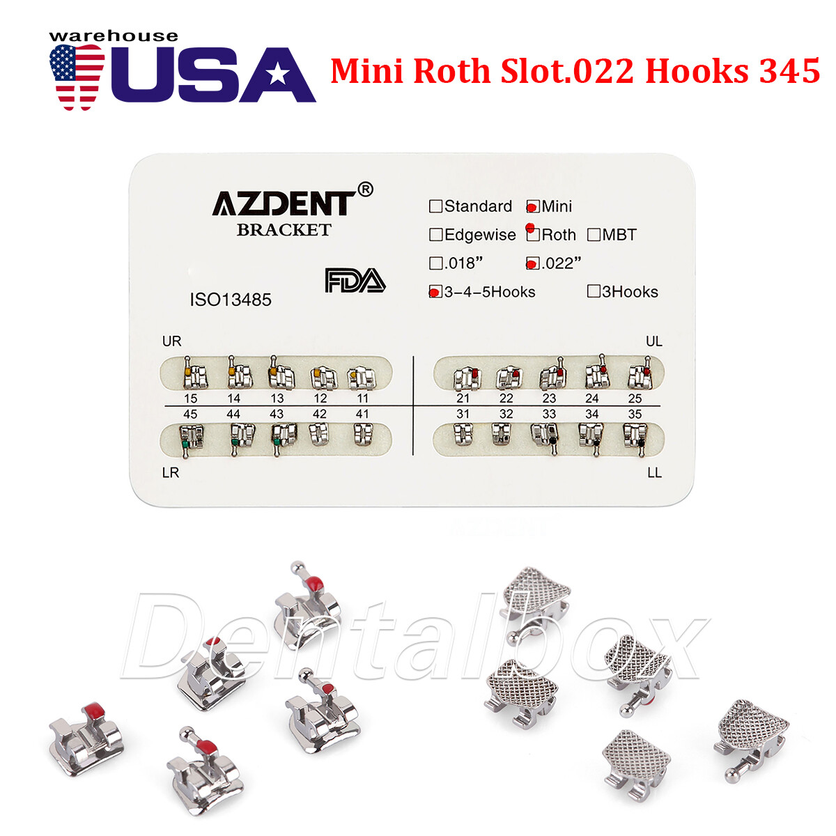 AZDENT Dental Orthodontic Metal Brackets Braces Mini Roth Slot.022 Hooks 3-4-5