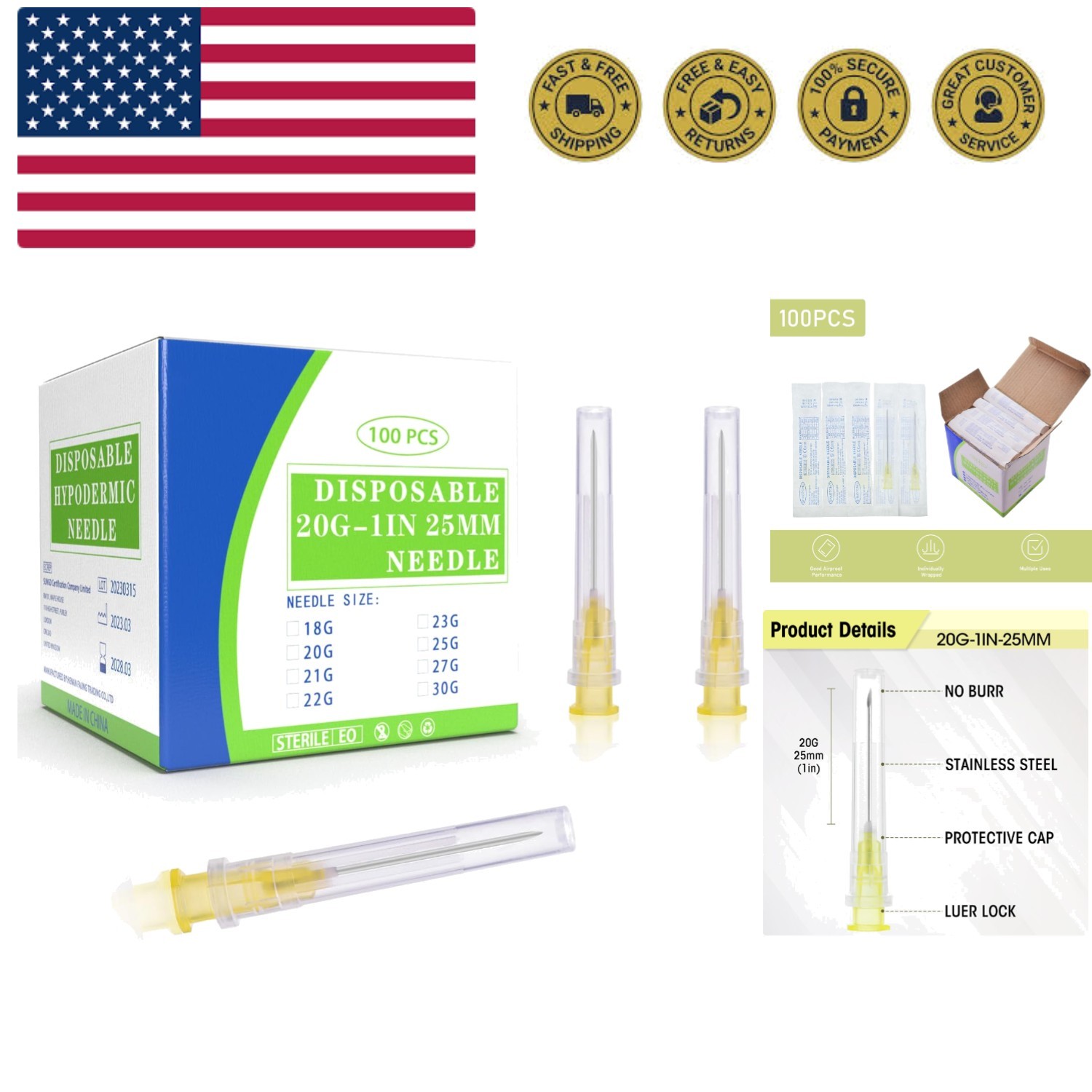 100 Pack 20Ga 25mm 1IN Disposable for Scientific and Industrial Dispensing, I…