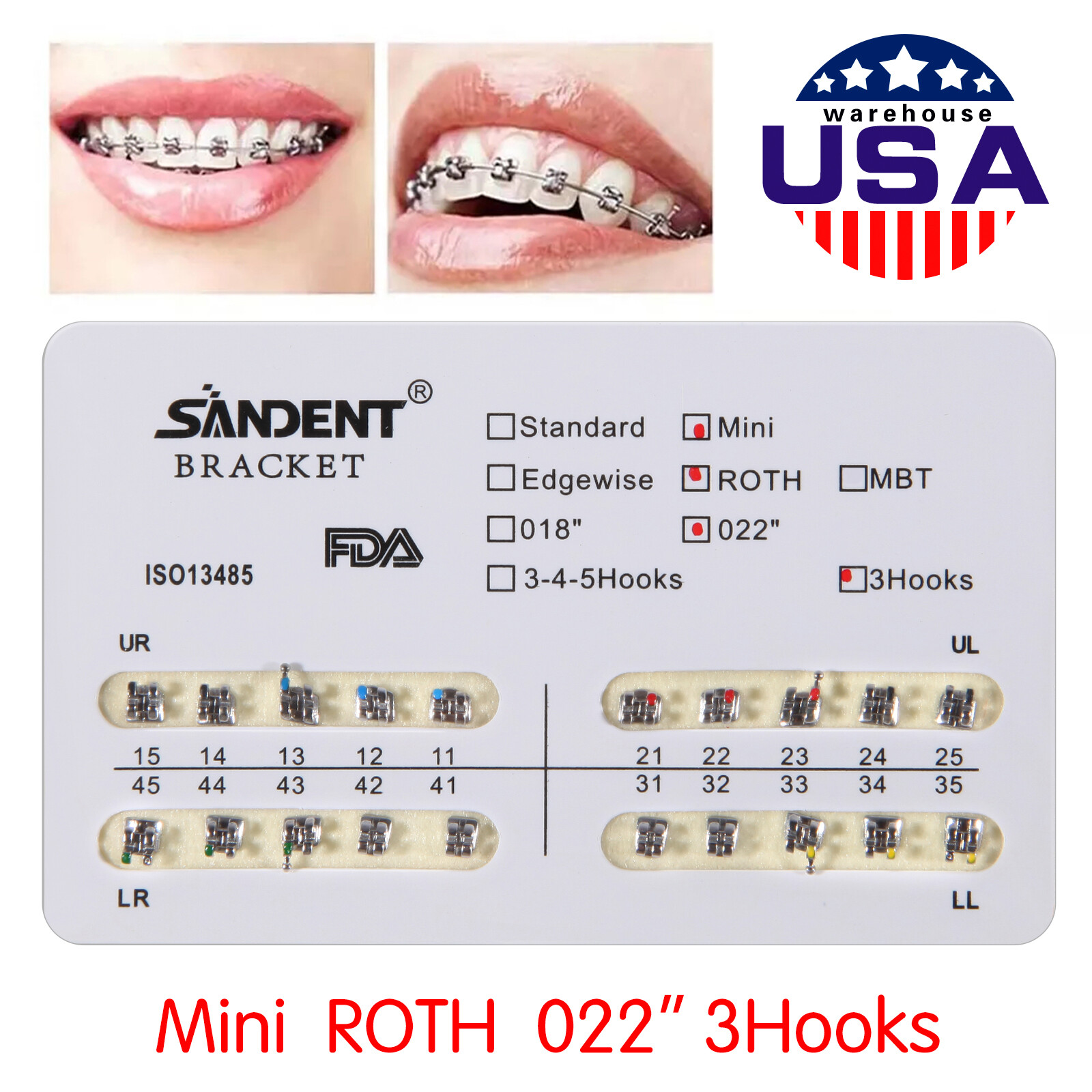 10 packs USA Dental Orthodontic Metal Bracket Braces Mini Roth 022 Slot 3 Hooks