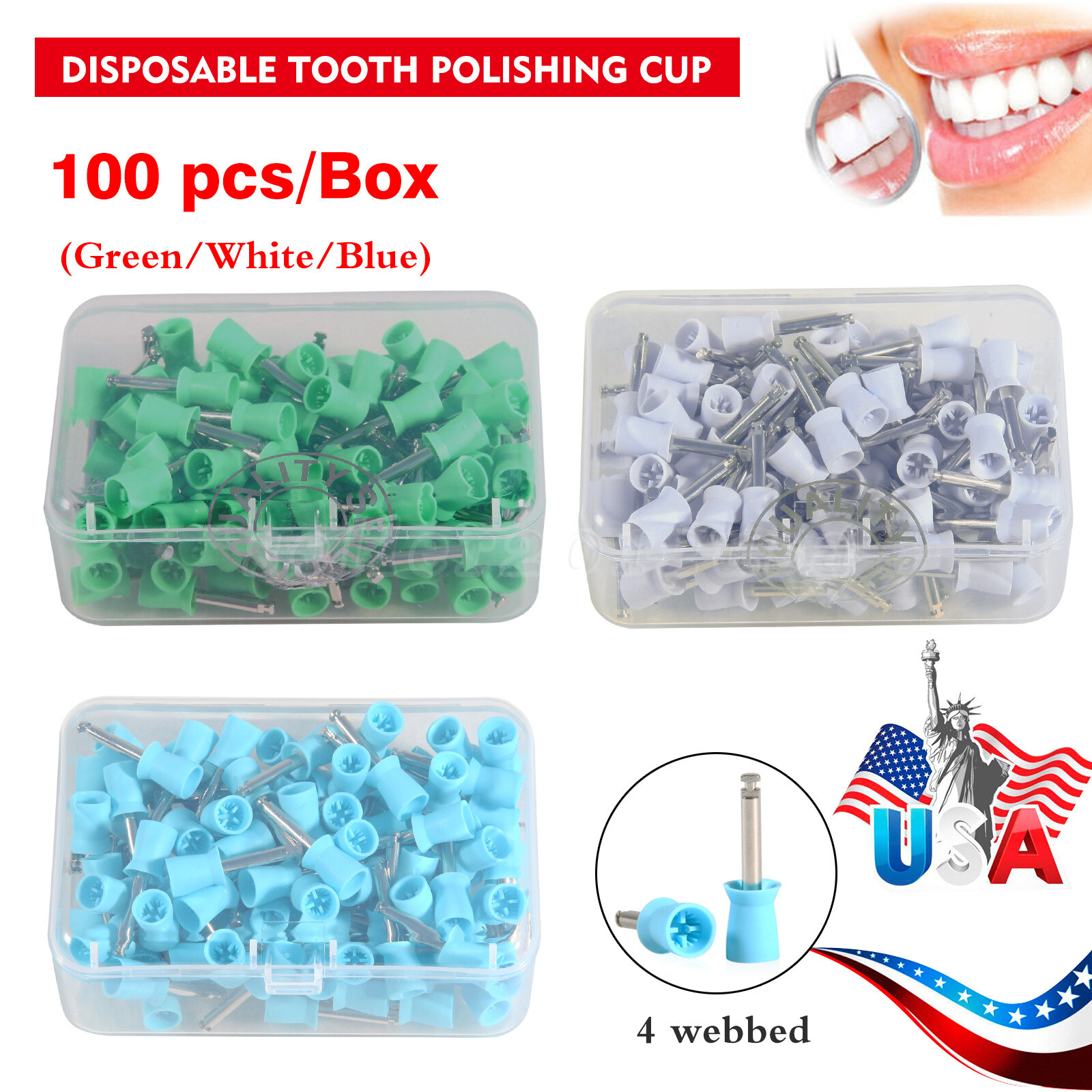 100Pcs/Box Dental Rubber Prophy Tooth Polish Polishing Cups Brushes Latch COLORS