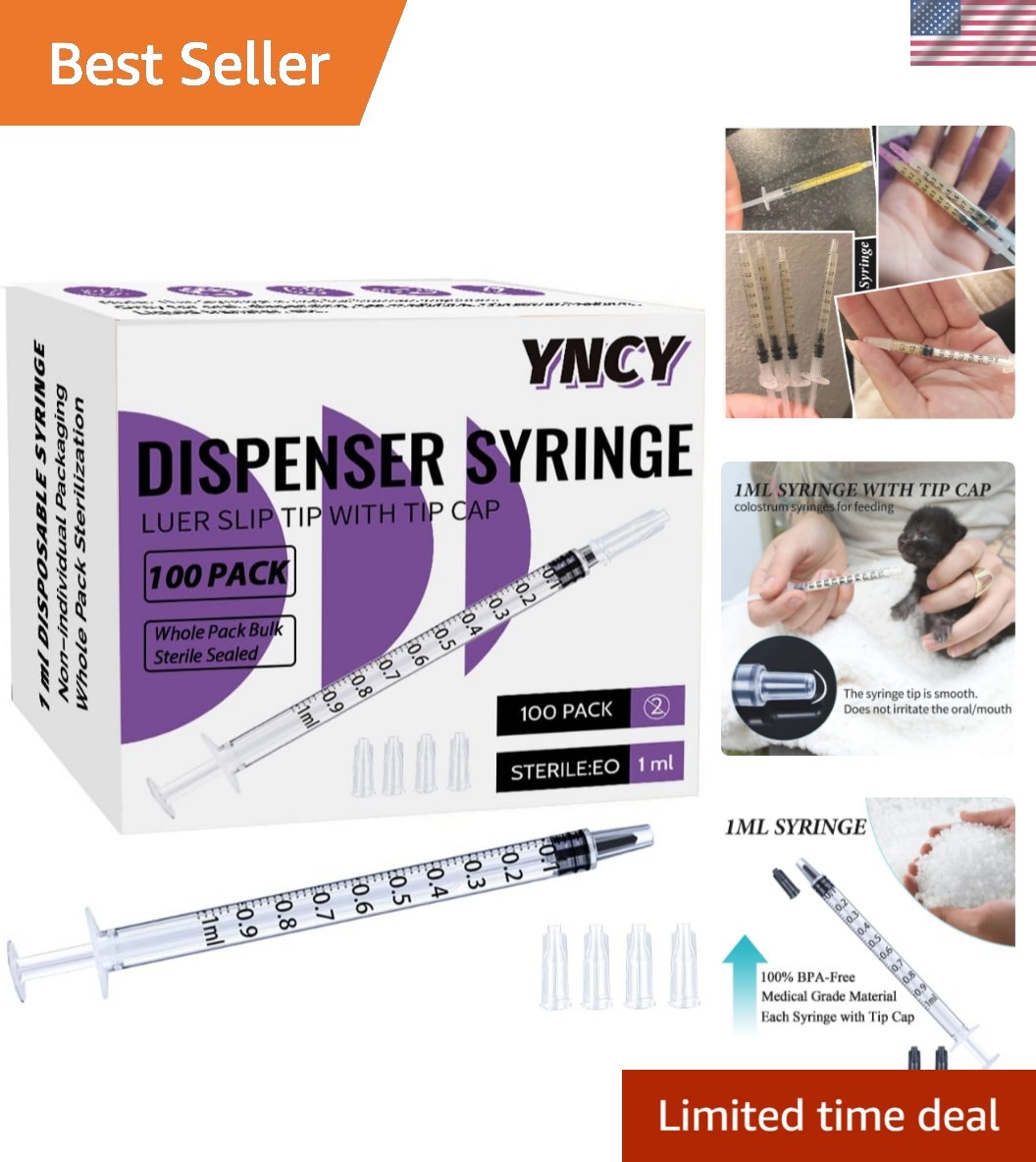 1ml Luer Slip Syringes – Pack of 100, Sterile, Cap Included, No Needle