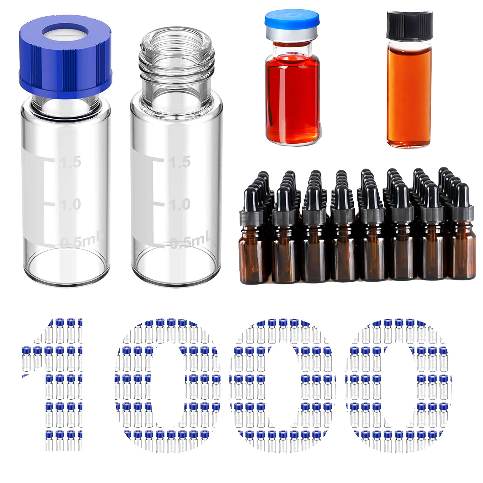 2ml Autosampler Vials 1000Pcs + 4ml/10ml Clear Glass Vials+Amber Dropper Bottles