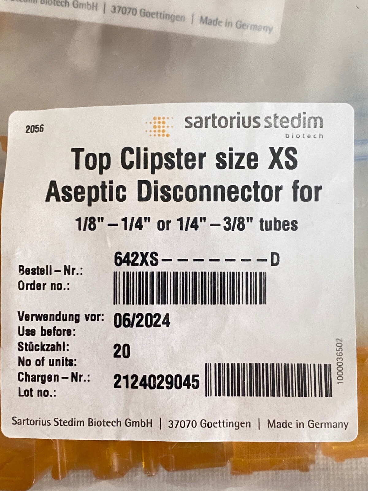 SARTORIUS Clipster Aseptic Disconnector Size XS 1/8-1/4”ID or 1/4-3/8”OD 642XS-D