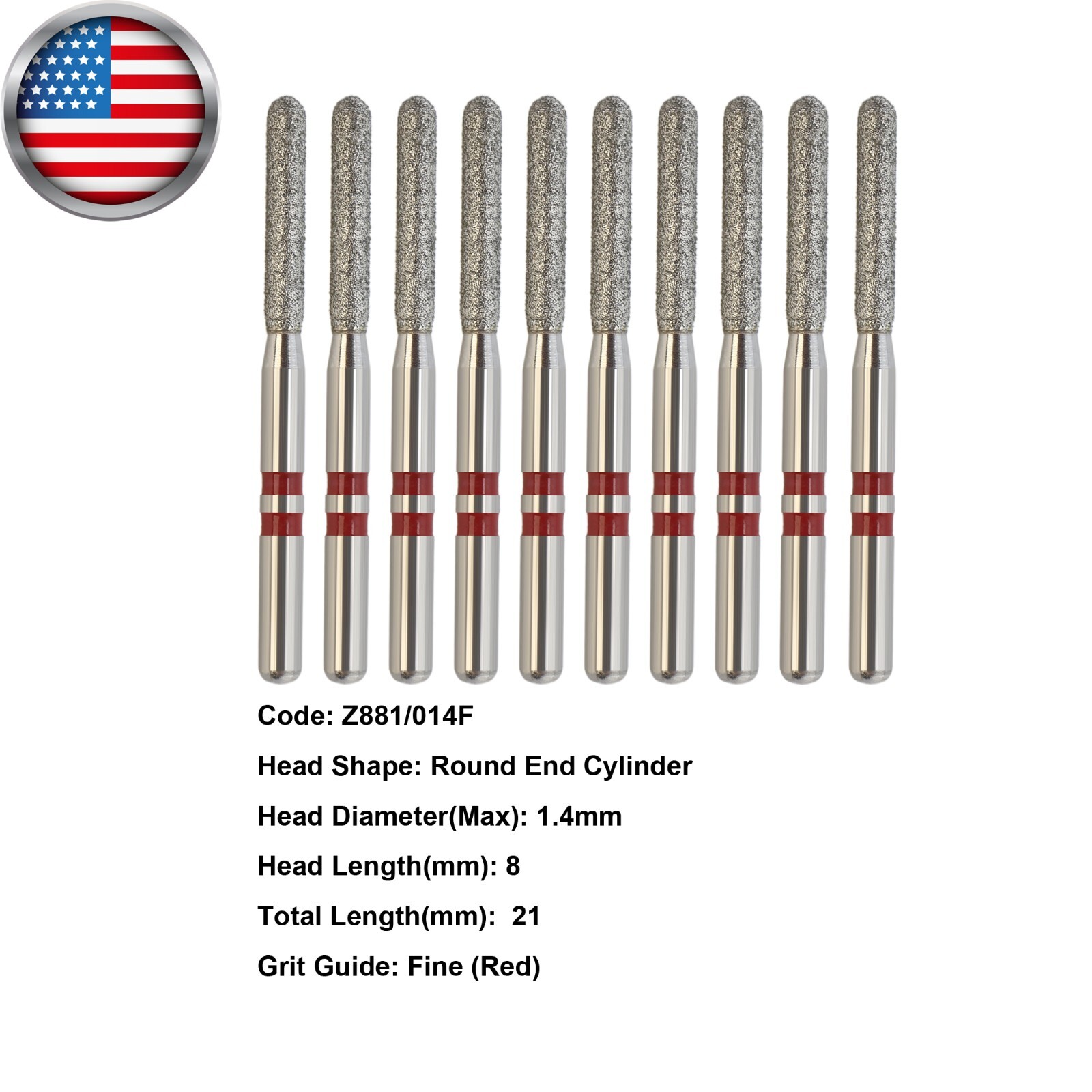 Zirconia Diamond Burs Crown Removal FG Round End Cylinder Z881/014F Fine Grit