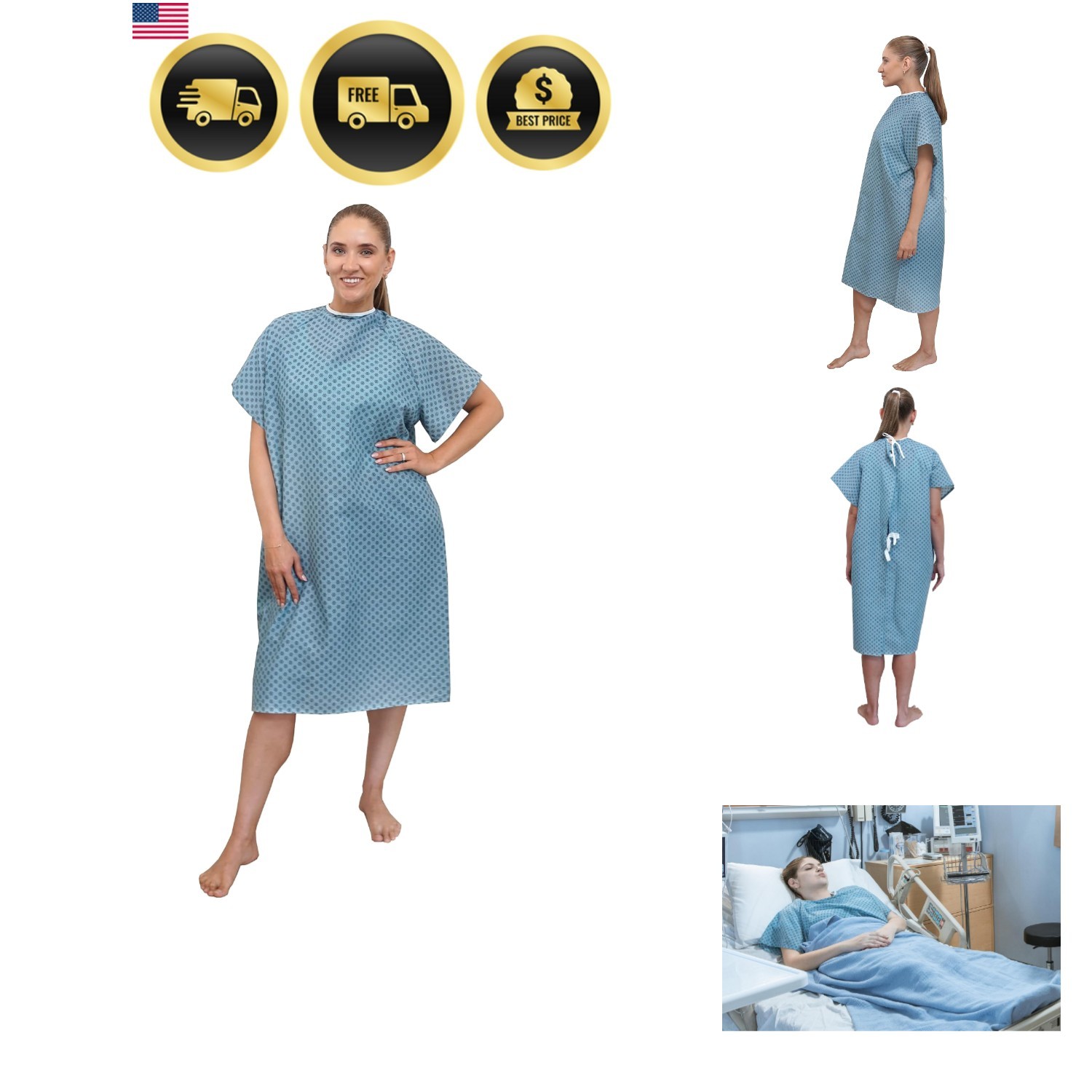 3 Pack – Blue Hospital Gown with Back Tie / Hospital Patient Gown with Ties -…