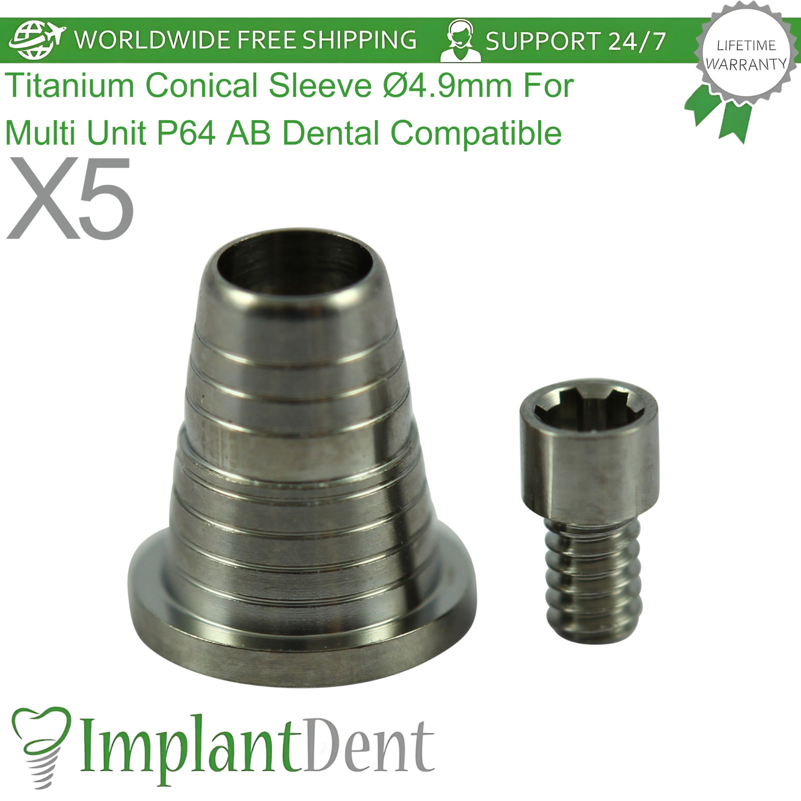 X5 Titanium Conical Sleeve Ø4.9mm For Multi Unit P64 AB Dental Compatible