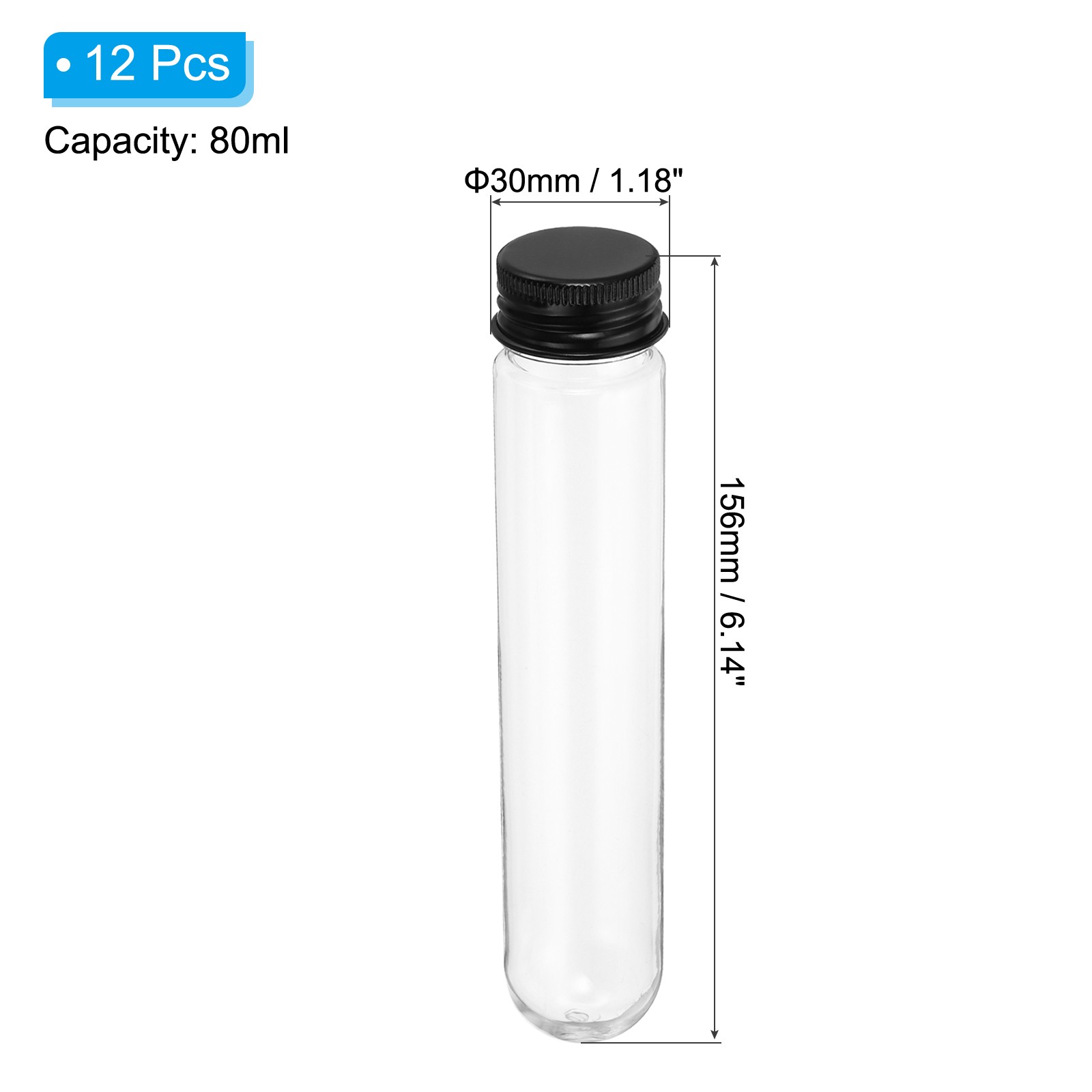 80ml Plastic Test Tubes with Screw Caps, 12Pcs 156x30mm Tubes, Black