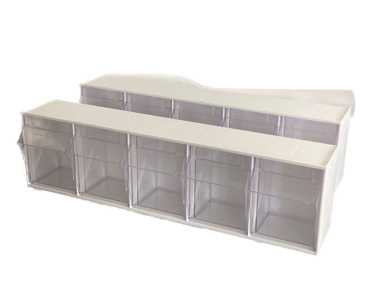 Used (2) QUANTUM 5-Compartment Tip-Out Bin Organizer White 23-3/4” L QTB305