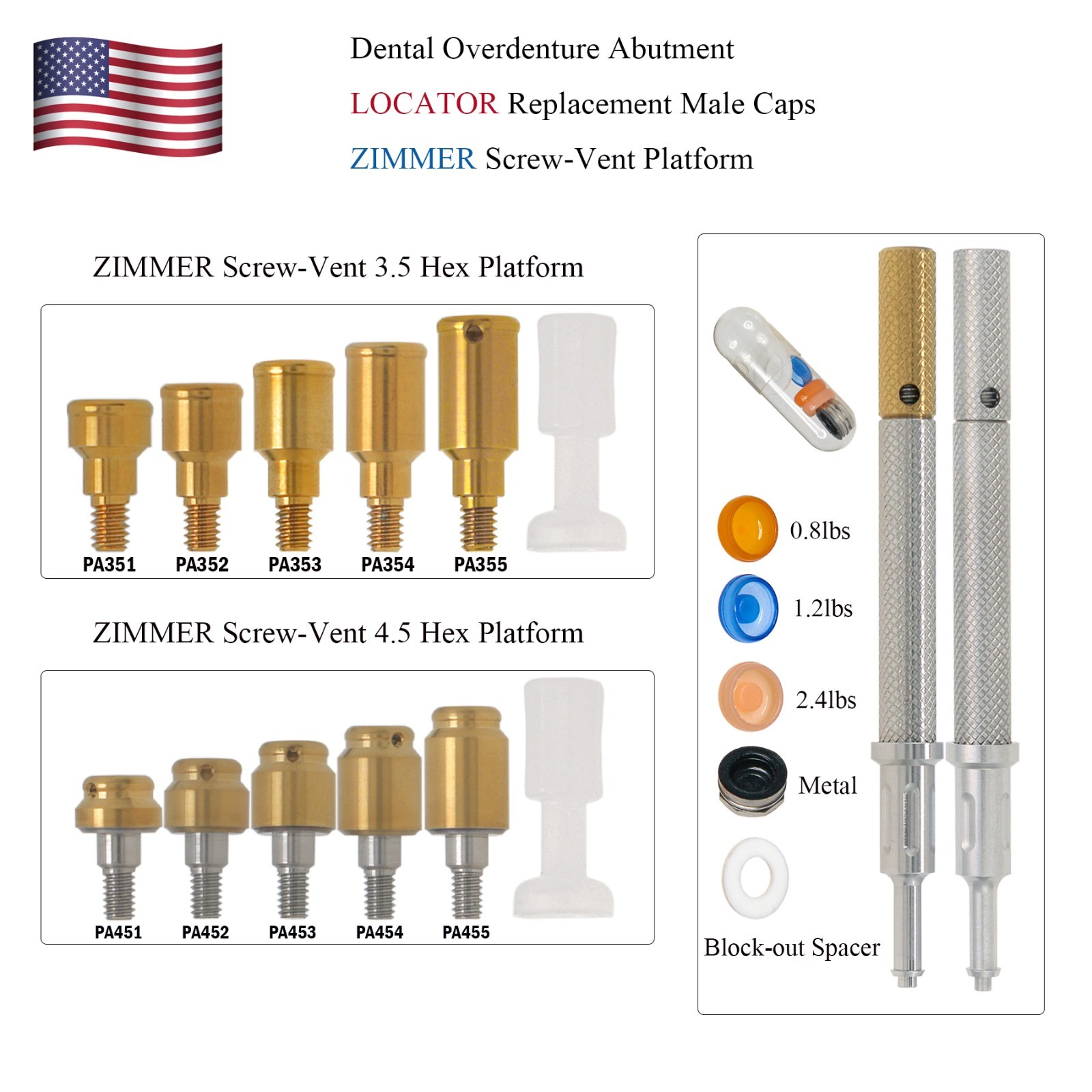 Zimmer Screw-Vent 3.5/4.5mm Locator Abutment Dental Implant Abutment & Male Caps