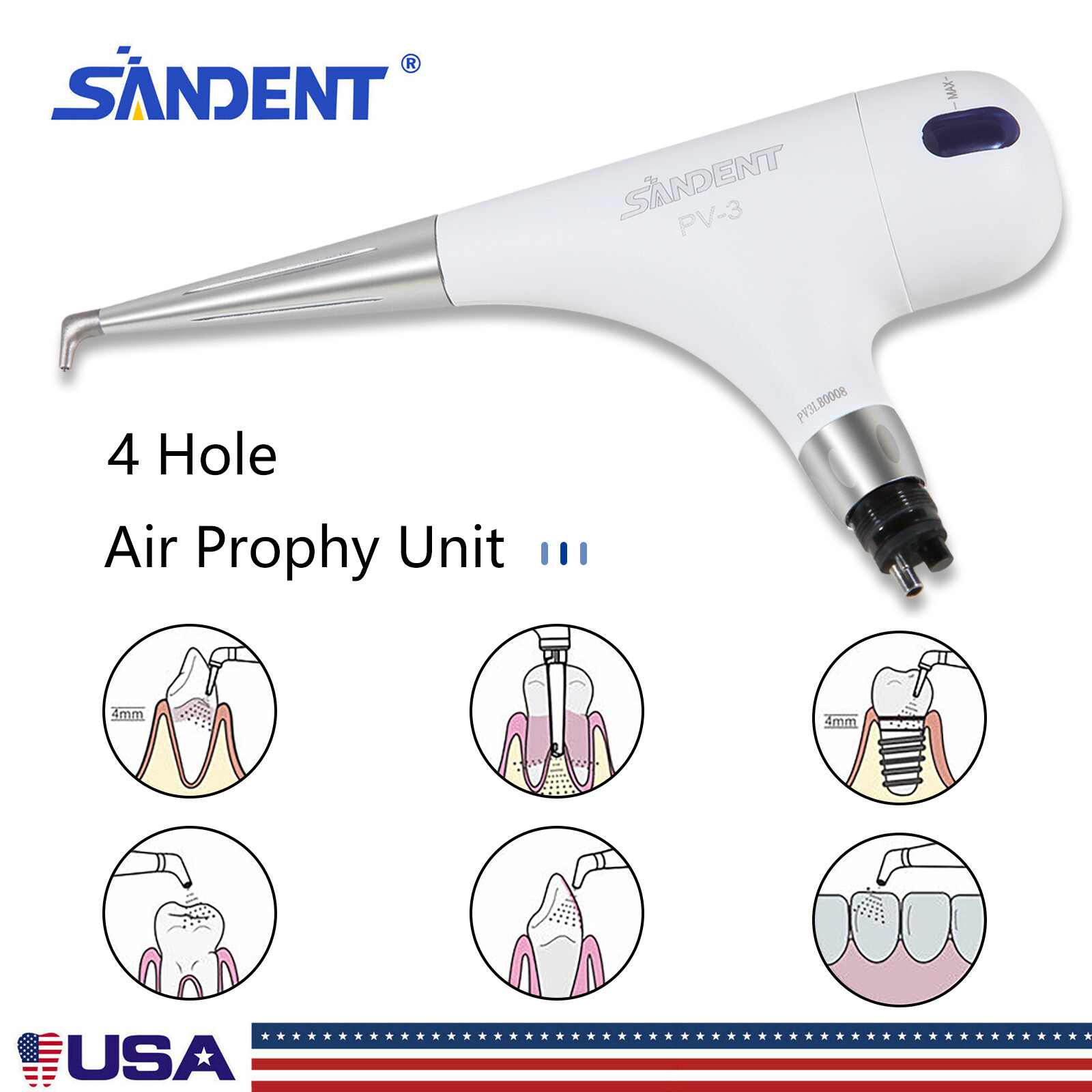 Dental 4 Hole Air Prophy Flow Teeth Polishing Polisher Handpiece Hygiene PV3 PO