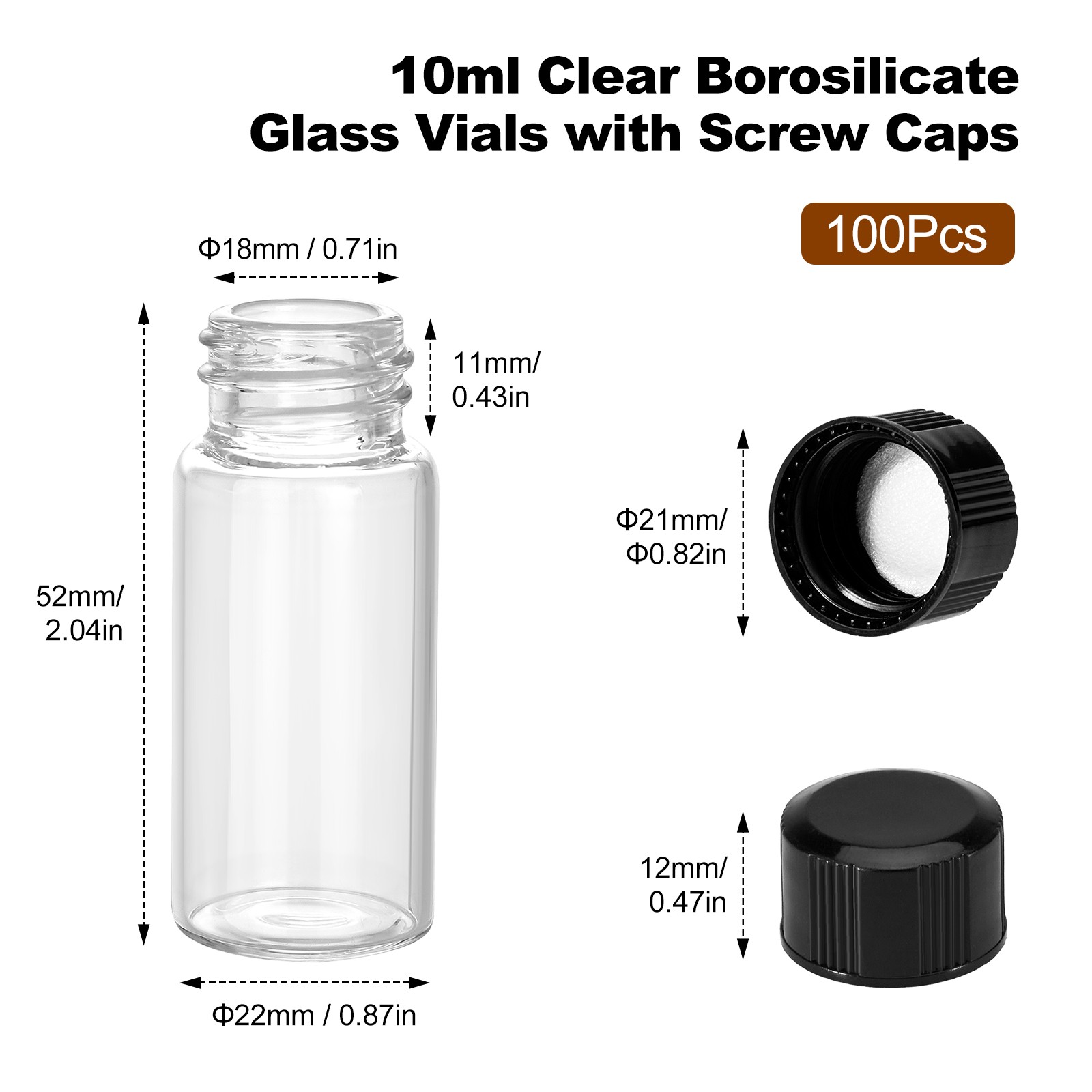 100pcs 10ml Clear Glass Vials, Sample Vials with Screw Caps Small Liquid Bottles