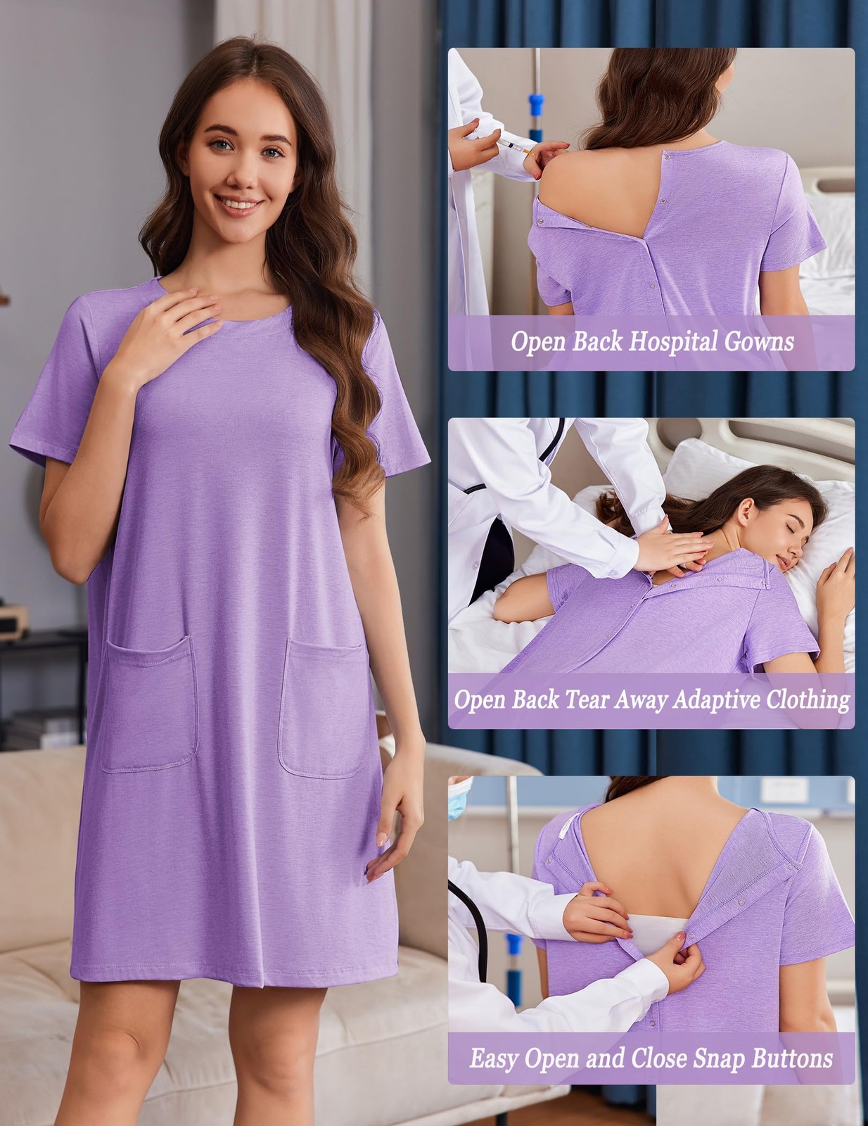 Deyeek Hospital Gowns for Women Tear Away Snap Short Sleeve Large, Purple
