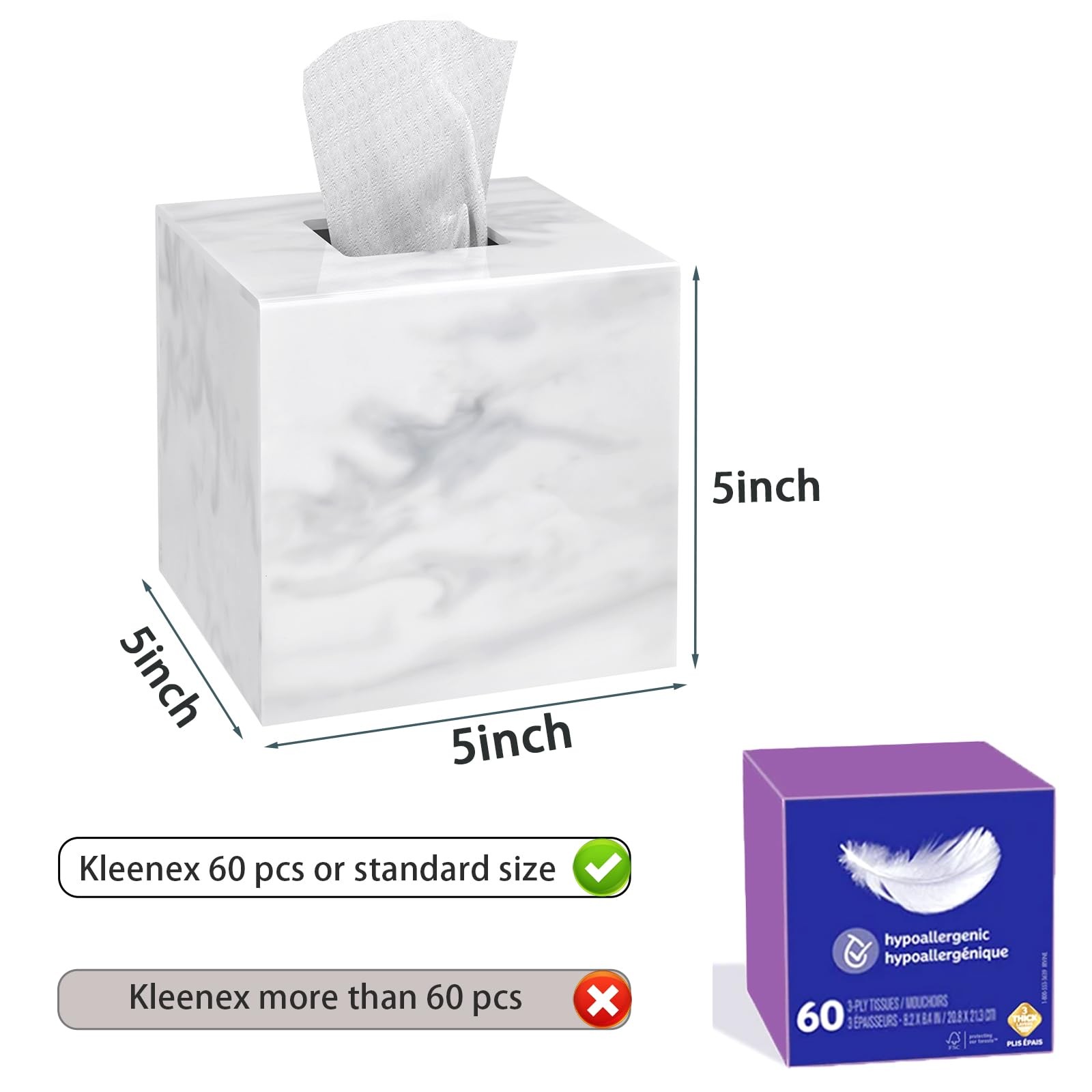 Pitbvo Tissue Cover Square Acrylic Cube Tissue Holder White Marble Facial