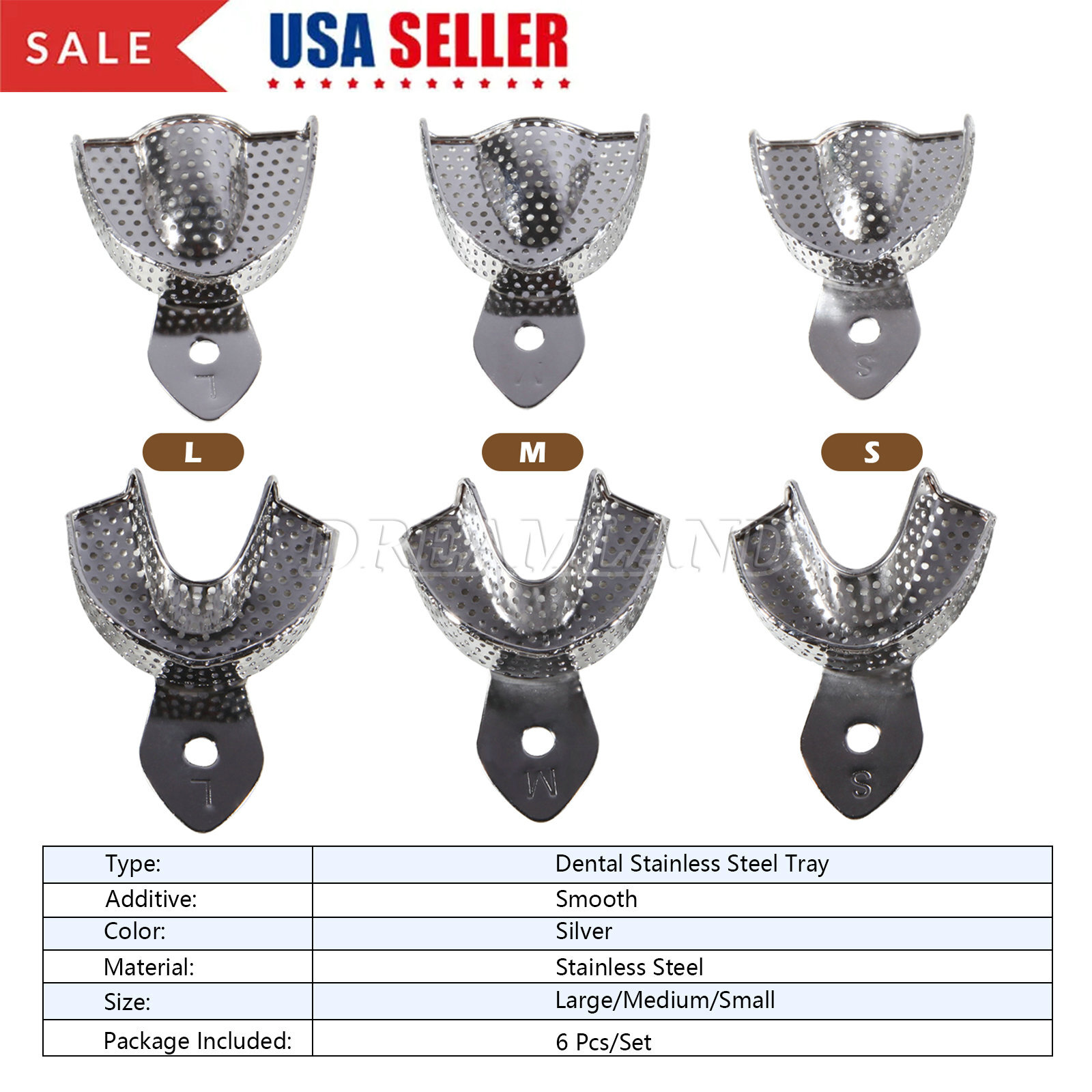 6 Pcs Perforated Metal Dental Impression Trays Set Edentulous Instruments