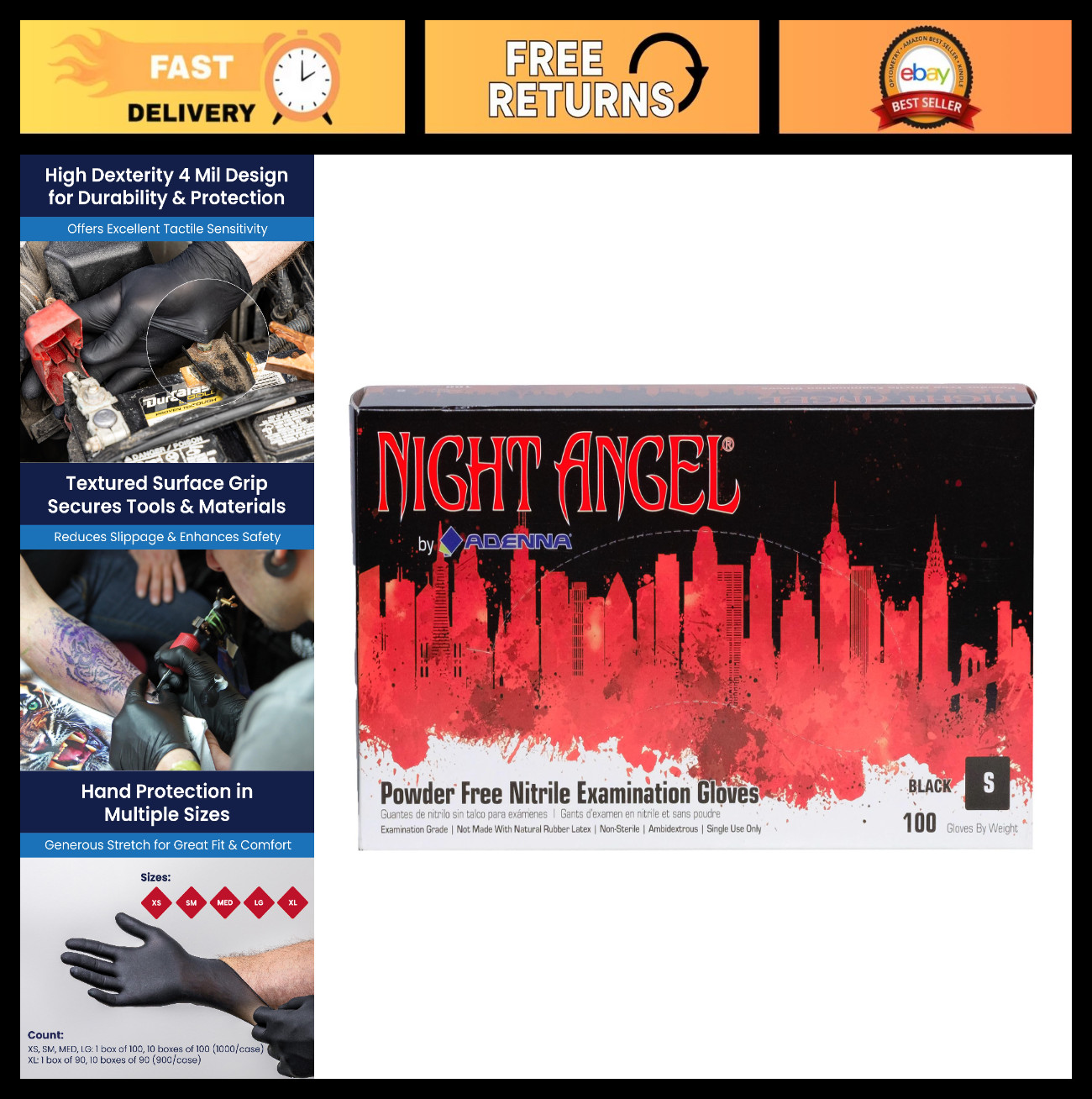Black Nitrile Gloves 4 Mil Powder Free, Latex-Free, Textured Grip for Tattoo & M