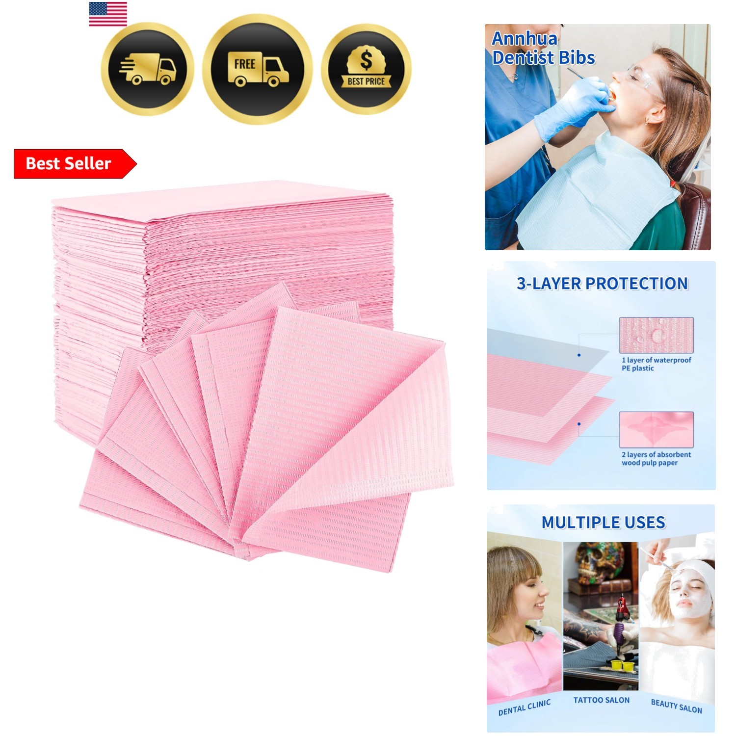 125 Pack Dental Bibs Disposable Dentist Bibs Leakproof 3-Ply Disposable Nail …