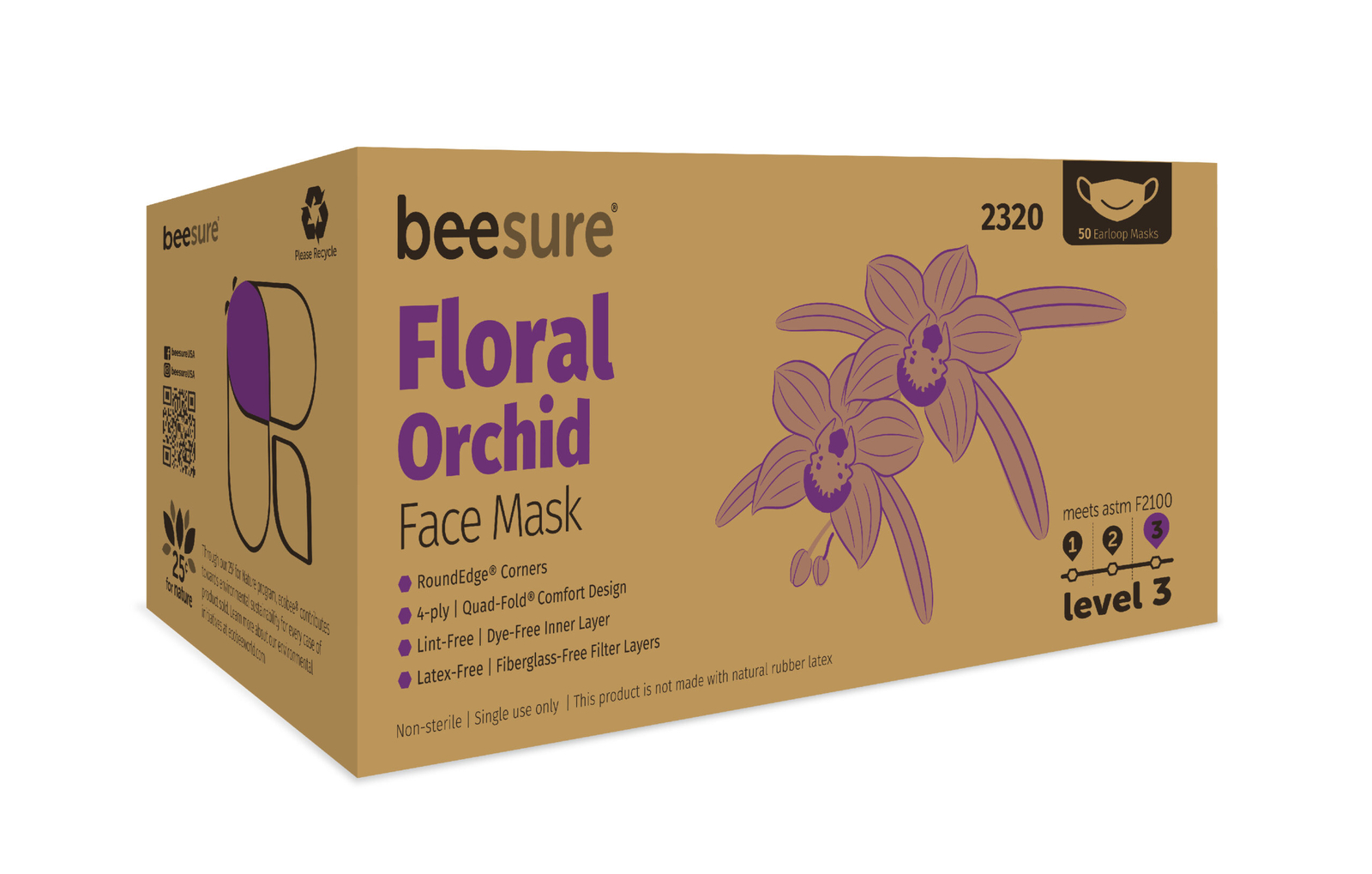 Cranberry 2320 BeeSure Earloop ASTM Level 3 Face Masks Orchid Floral Lavender 50