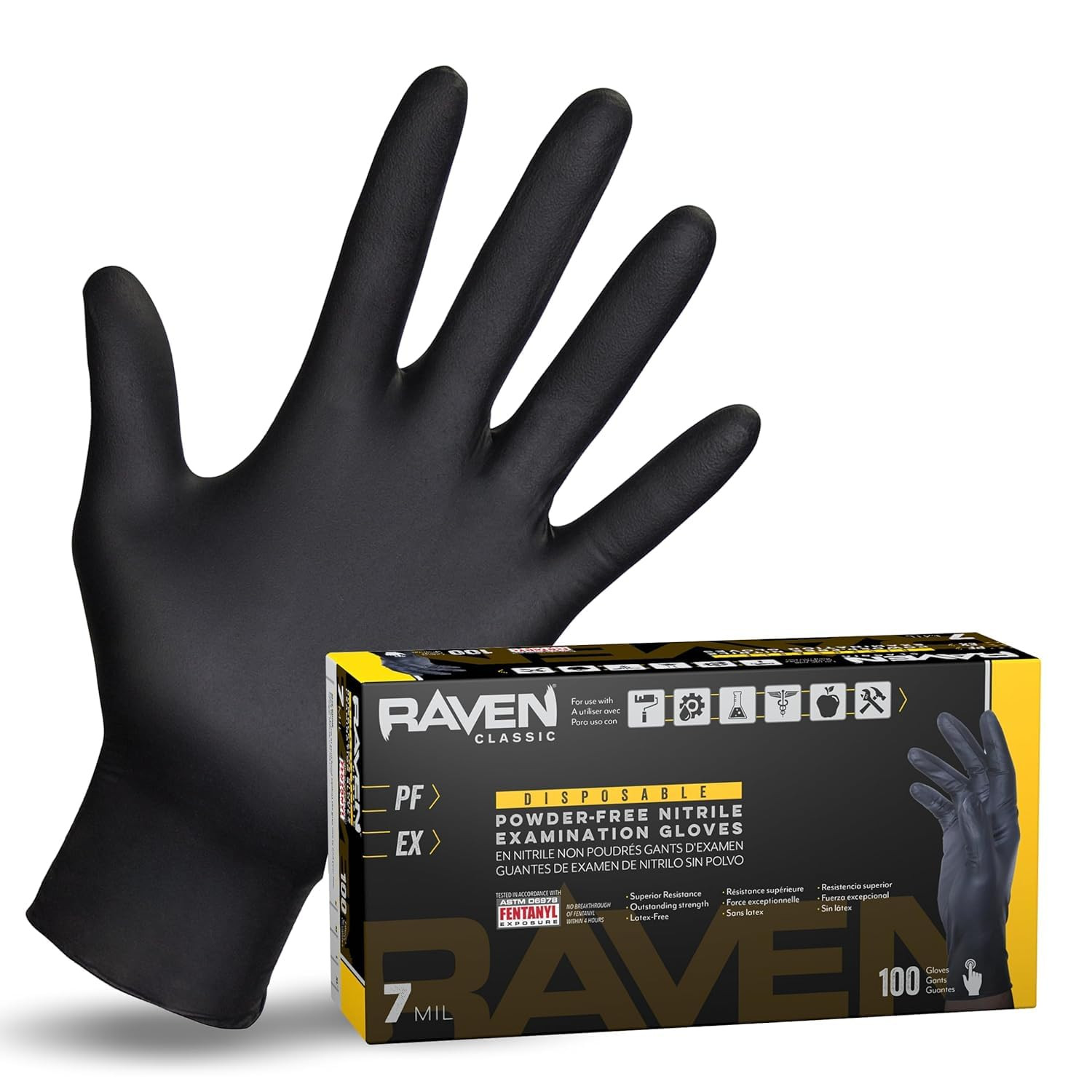 Raven Powder Free Nitrile Disposable Gloves 7 Mil – XL Latex Free, Chemical + Pu