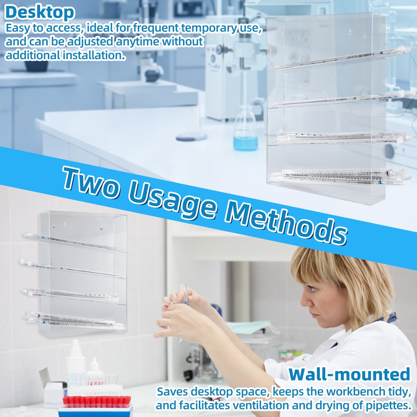 Serological Pipette Rack, 4 Compartment Lab Organizer, Acrylic, 12x4x19 Inches