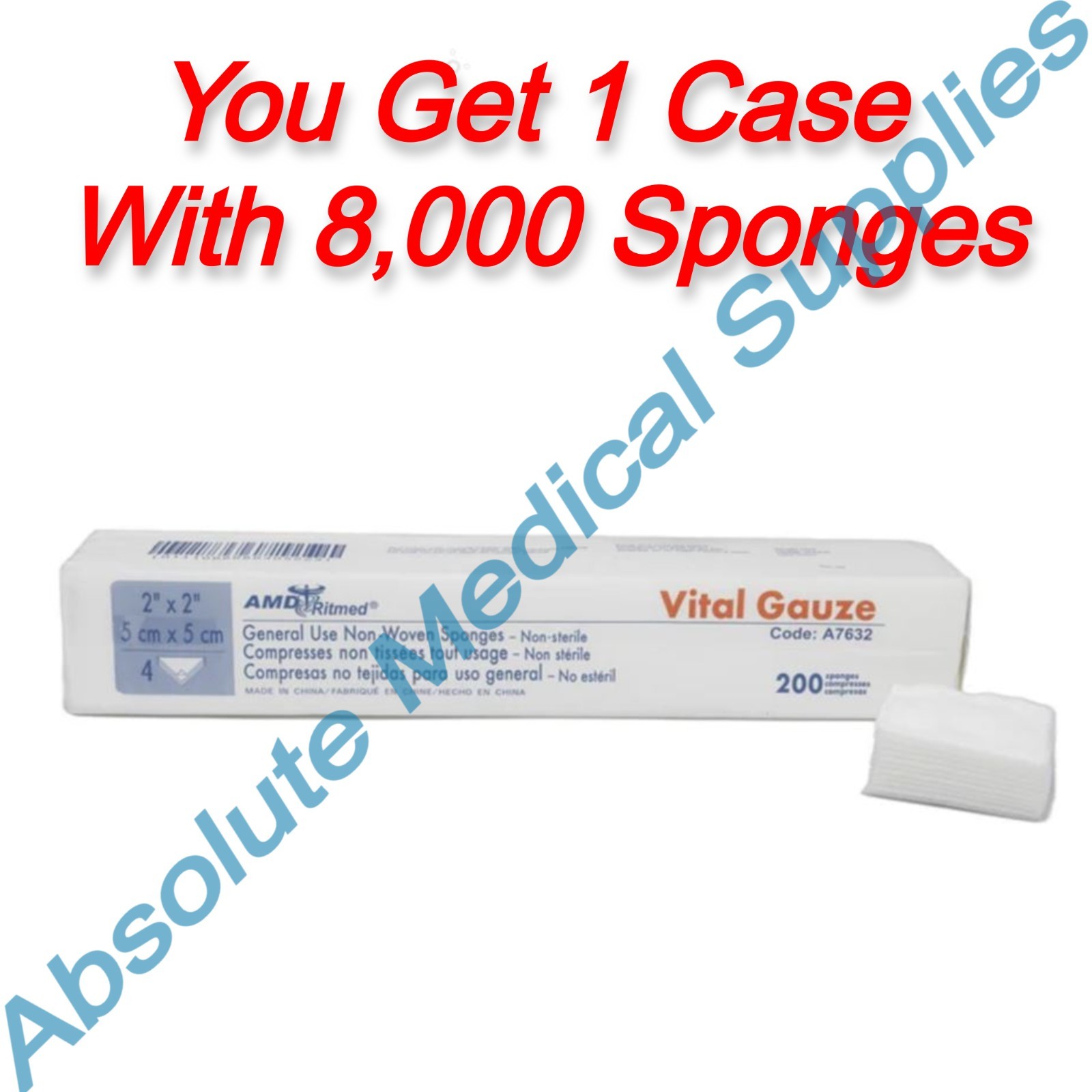 *8,000-Pieces* AMD Medicom Vital Gauze 2″ x 2″ Sponges 4-Ply A7632