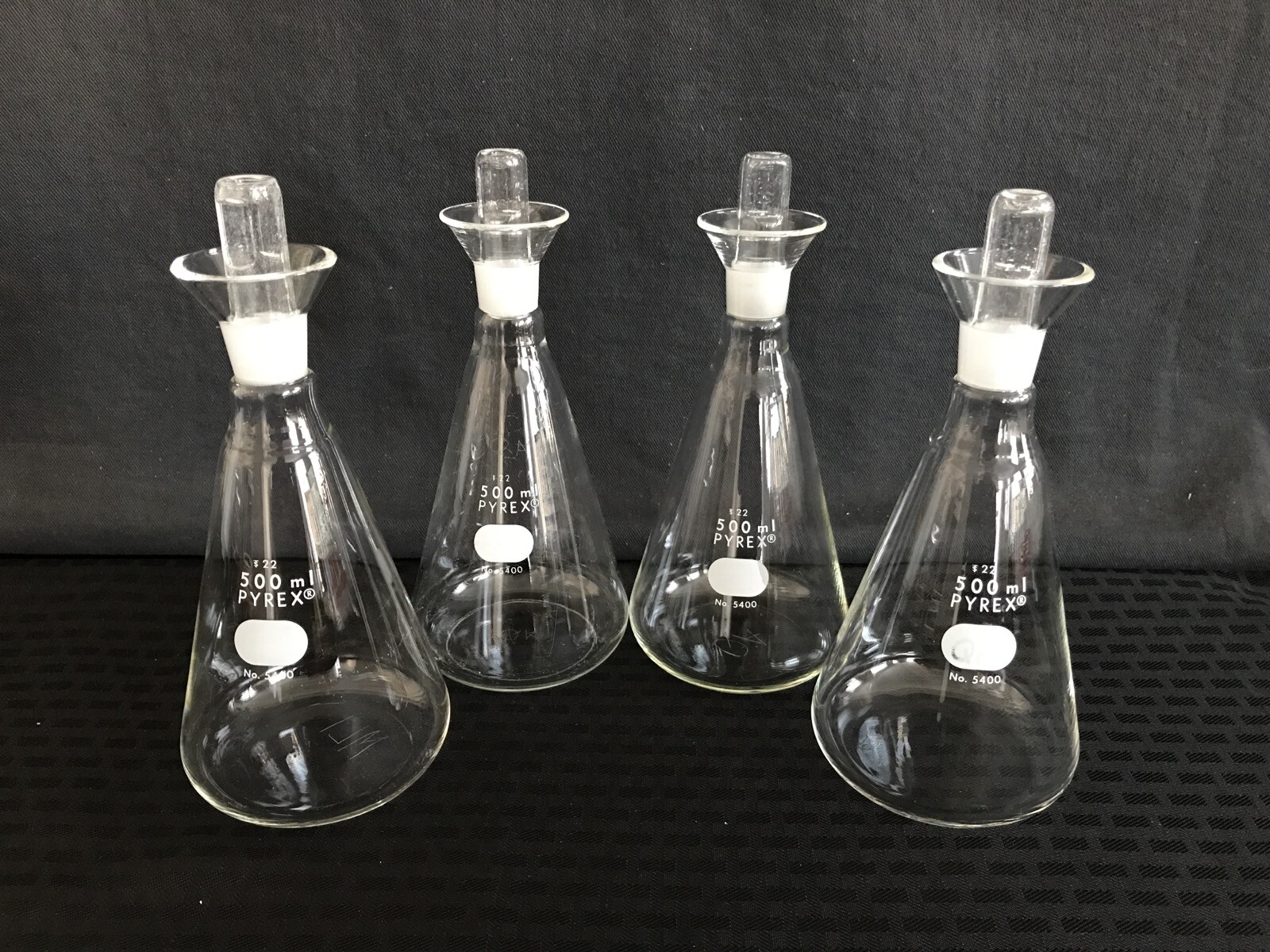 (4) CORNING PYREX 500mL Glass Determination Erlenmeyer Flask w/ #22I Std Stopper