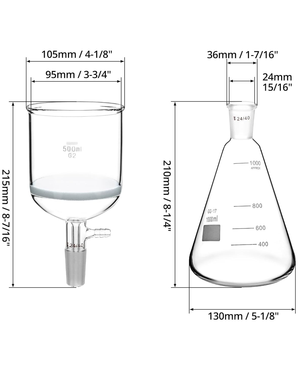 500ml Buchner Funnel & 1000ml Erlenmeyer Flask Set 24/40 Joint Lab Glassware Kit