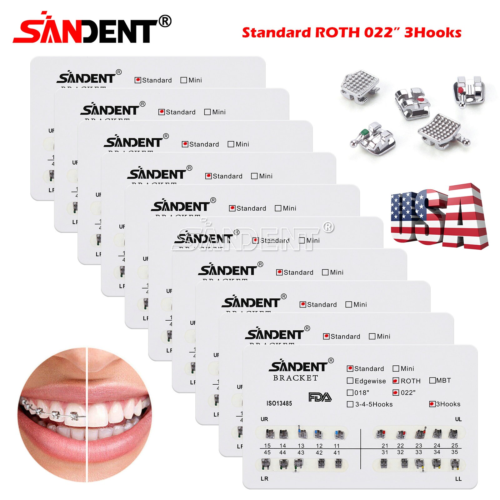 10 Packs Dental Orthodontics Brackets Braces Standard Roth 022″Slot 3 Hooks de
