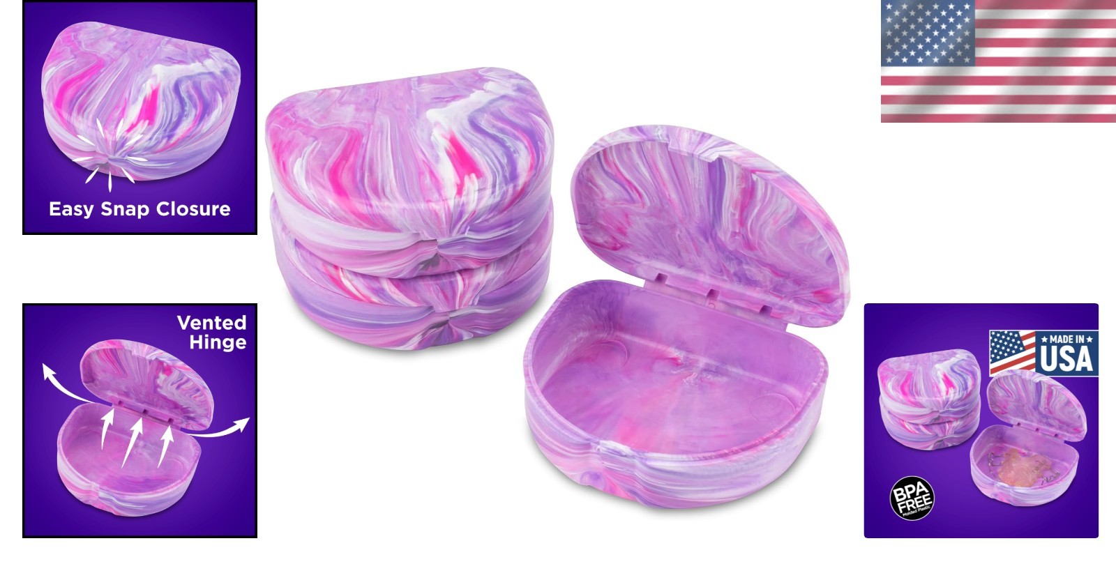 Compact Marble Orthodontic Aligner Cases – 3 Pack in Pink & Purple, Lightweight
