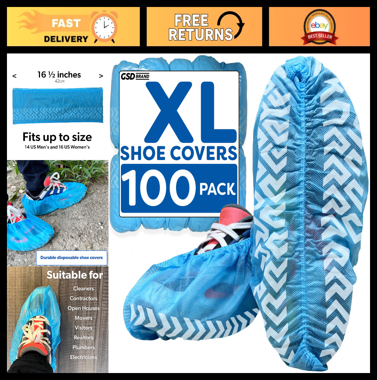 100 Pack Extra Large Blue Disposable Shoe Covers – Non-Slip Reusable Booties
