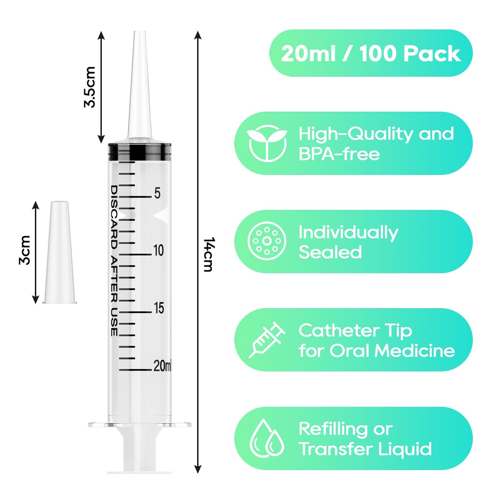 100 Pack 20mL Plastic Syringes with Catheter Tip for Dogs and Labs
