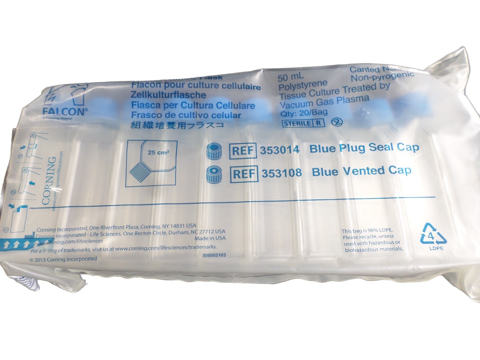 CORNING FALCON 5cm² Rectangular Canted Neck Cell Culture Flask 353014 (160/cs)