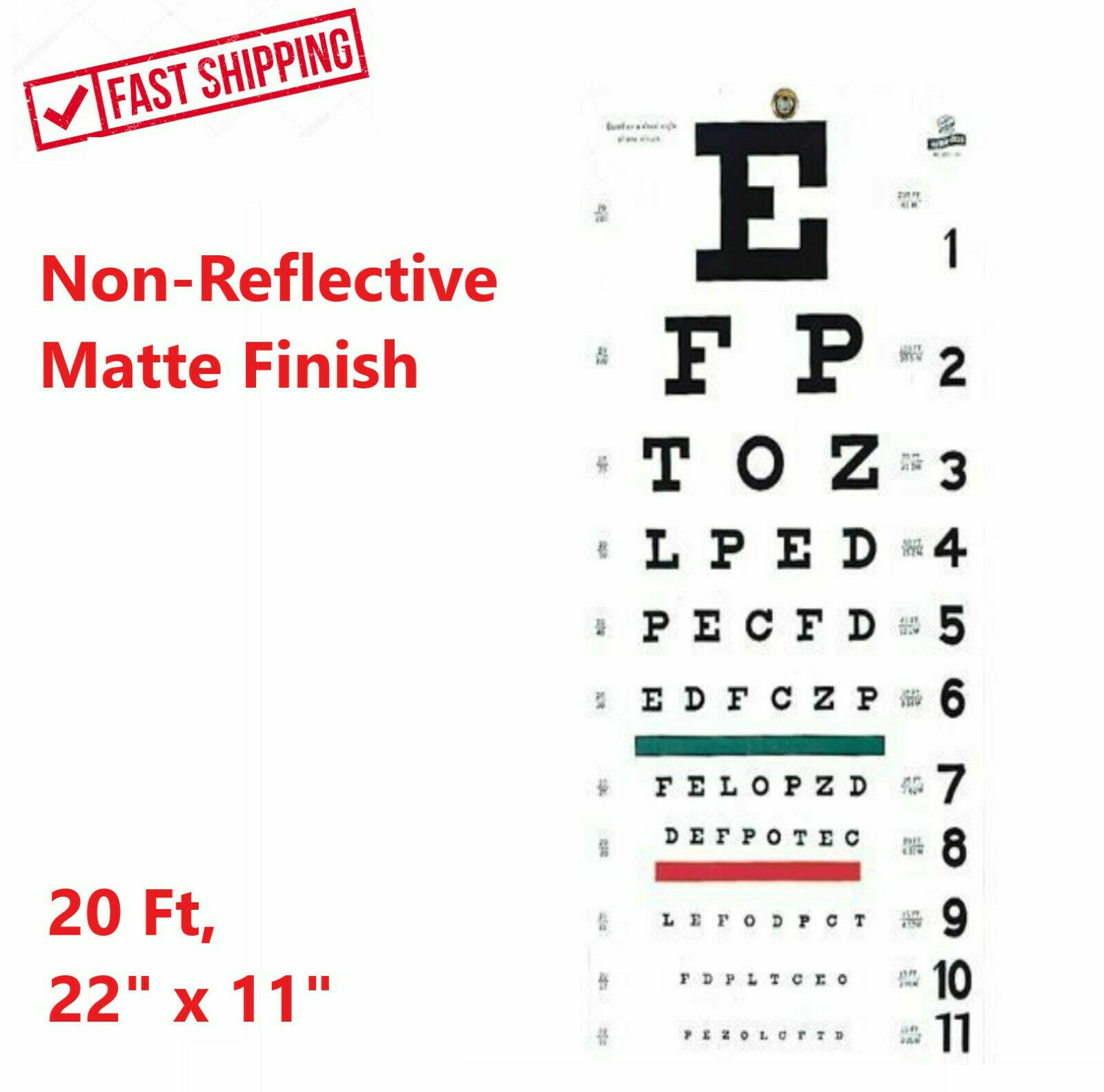 Snellen Eye Chart FULL SIZE Illeterate 22″ x 11″ Plastic Eye Test Wall, Washable