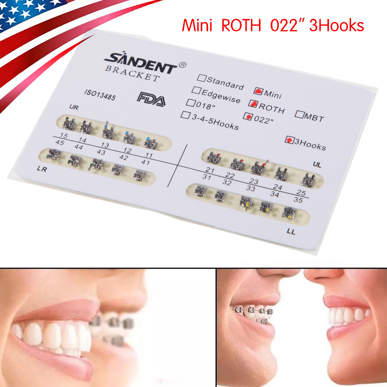 10 bags Dental Orthodontic Braces Bracket Mini Roth 022″Slot w/ 3hooks 200PCS ns
