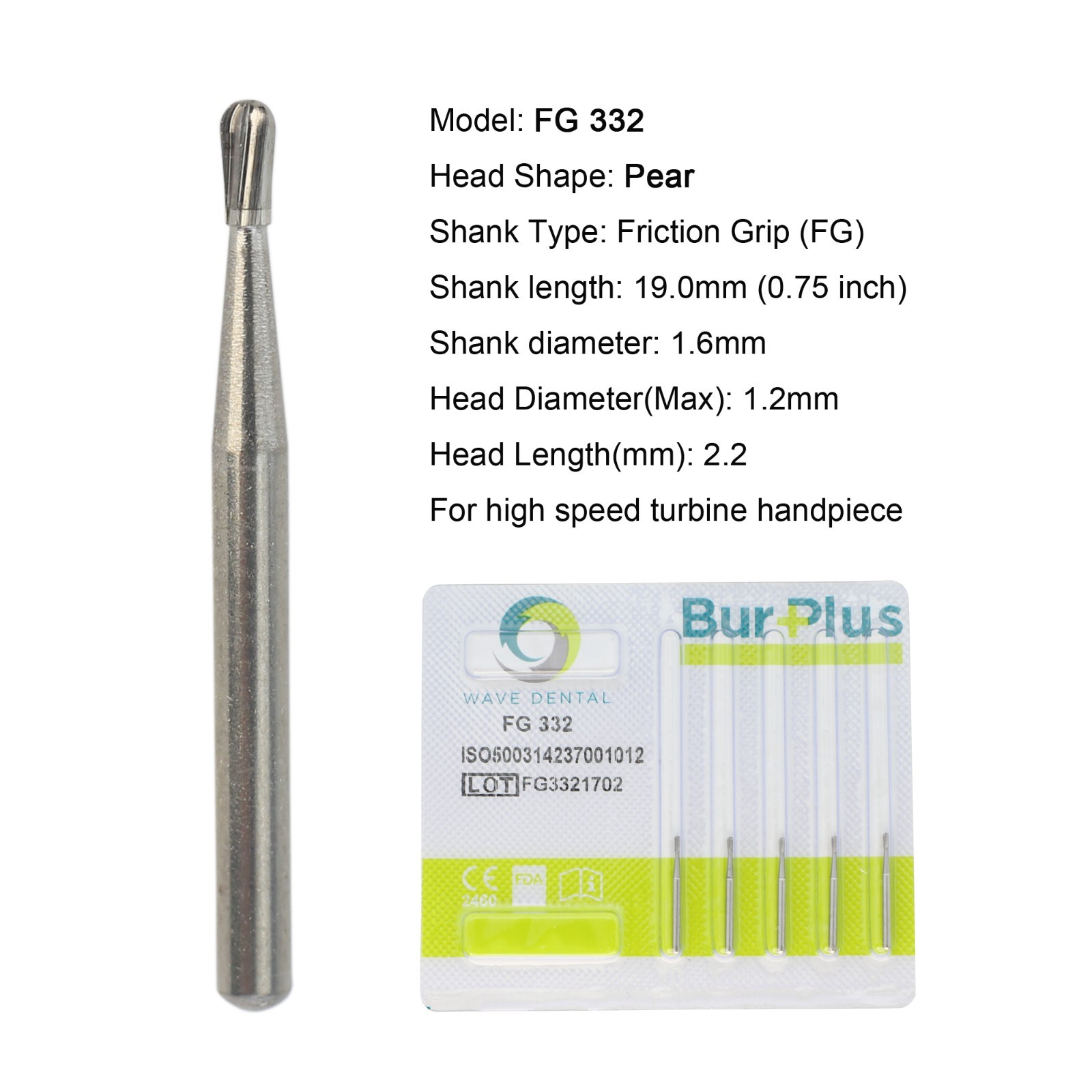 Dental Burs Carbide Pear 330 Diamond Burs Friction Grip High Speed FG 830/010C