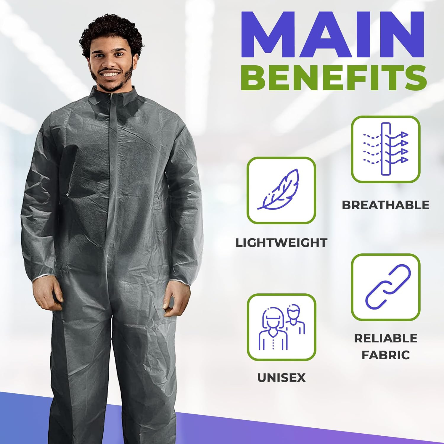 Disposable Polypropylene Coveralls, 2X-Large, Gray, 5 Pack, 50 GSM Nonwoven Pain
