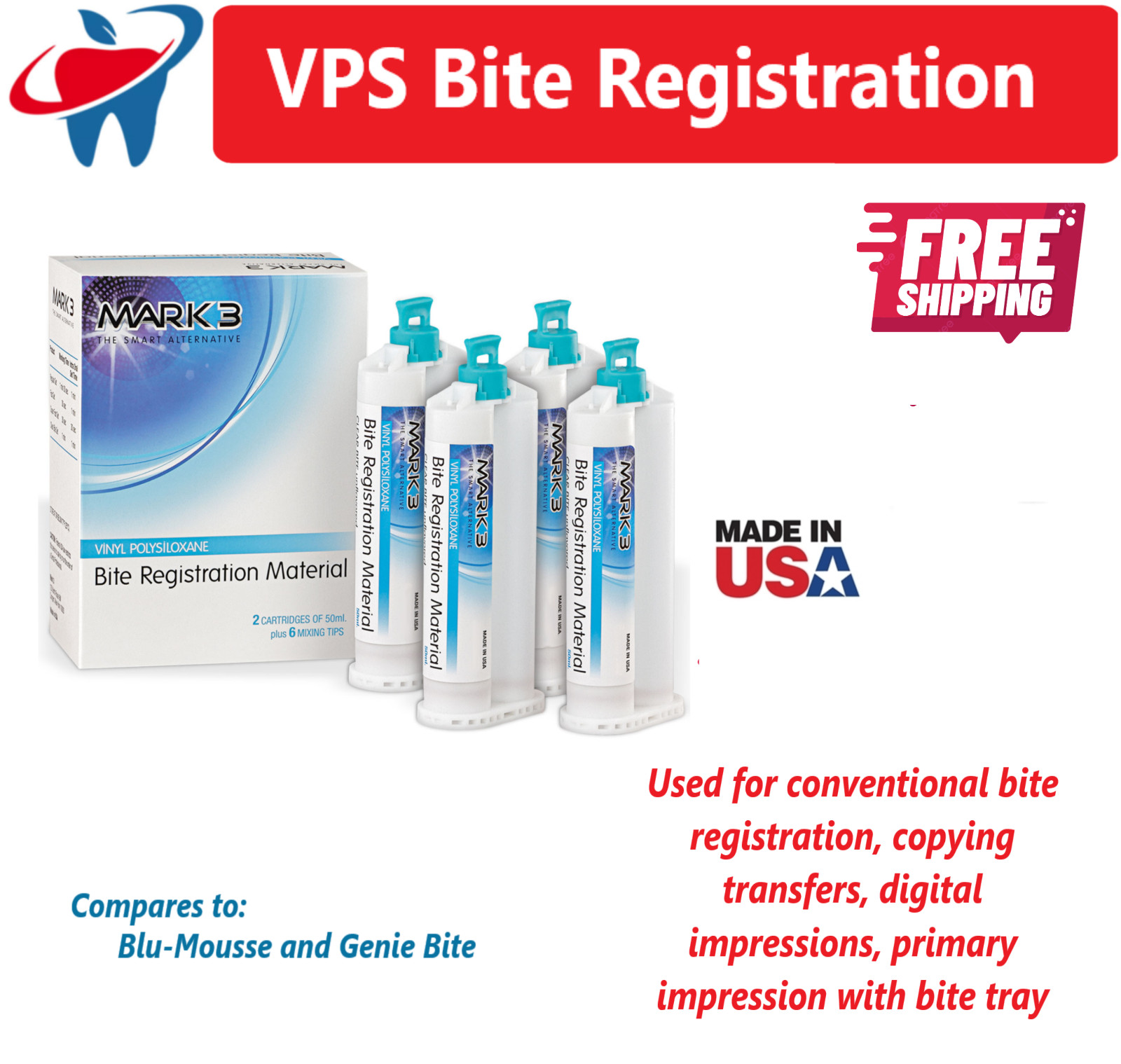 Mark3 Bite Registration Impression Material Fast Set 1-8 Cartridges or HP Tips