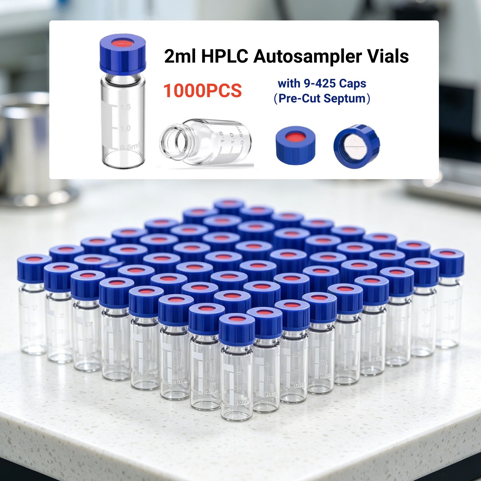 1000Pcs 2ml Autosampler Vials+9-425 Screw Caps(Pre-Cut Septum) Glass Bottle HPLC