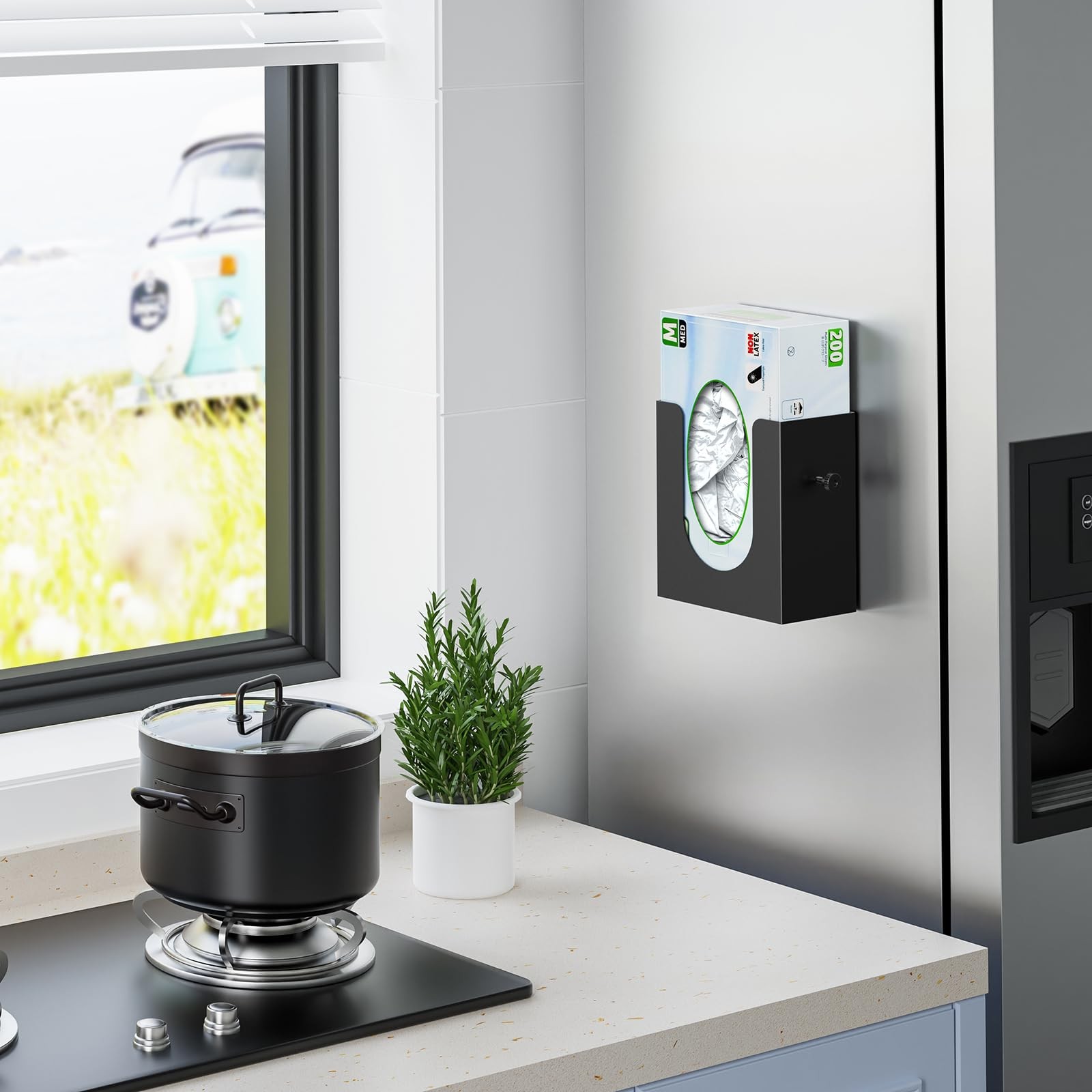 THYGIFTREE Magnetic Glove Box Holder, Wall Mount Metal Rubber Latex Black