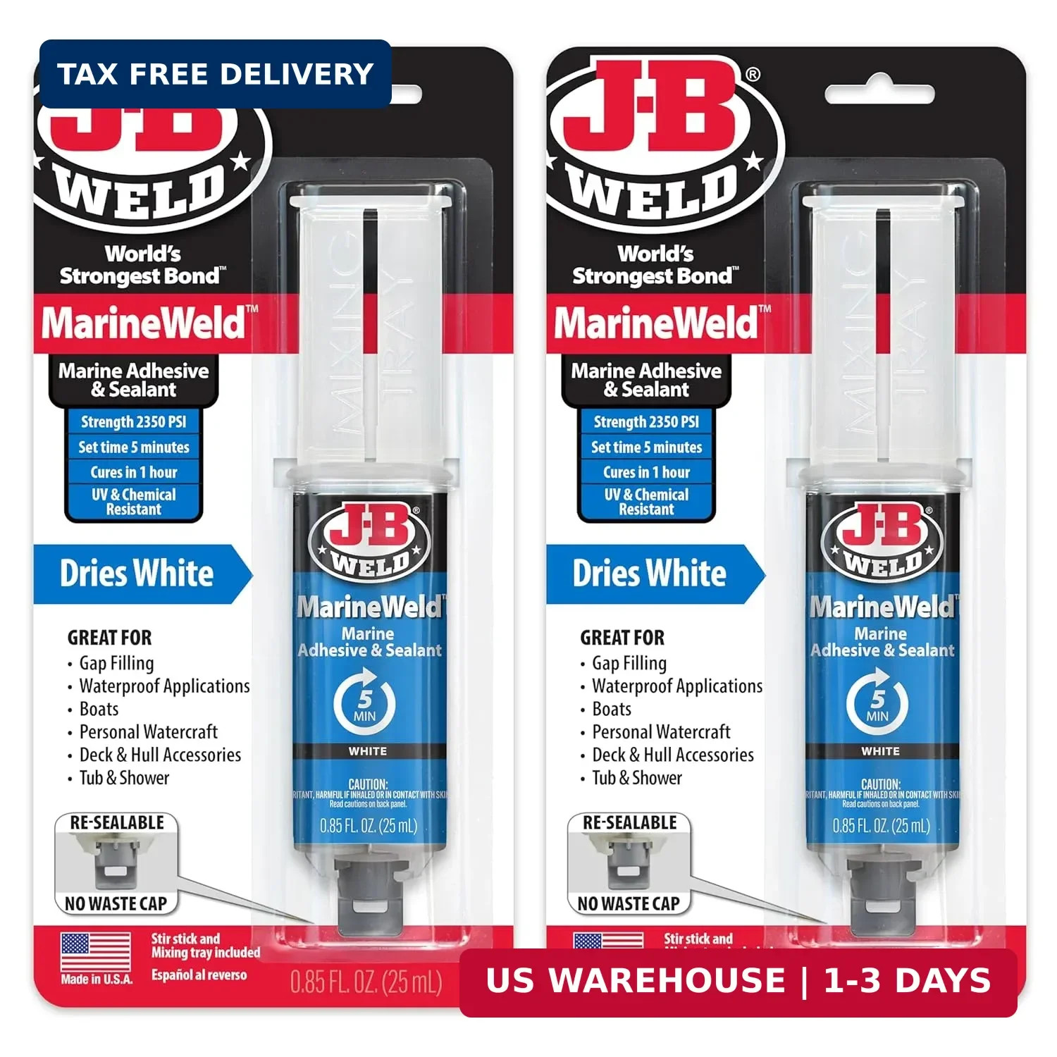 J-B Weld MarineWeld Syringe 2-Pack, White, UV Resistant, High-Strength & Impact