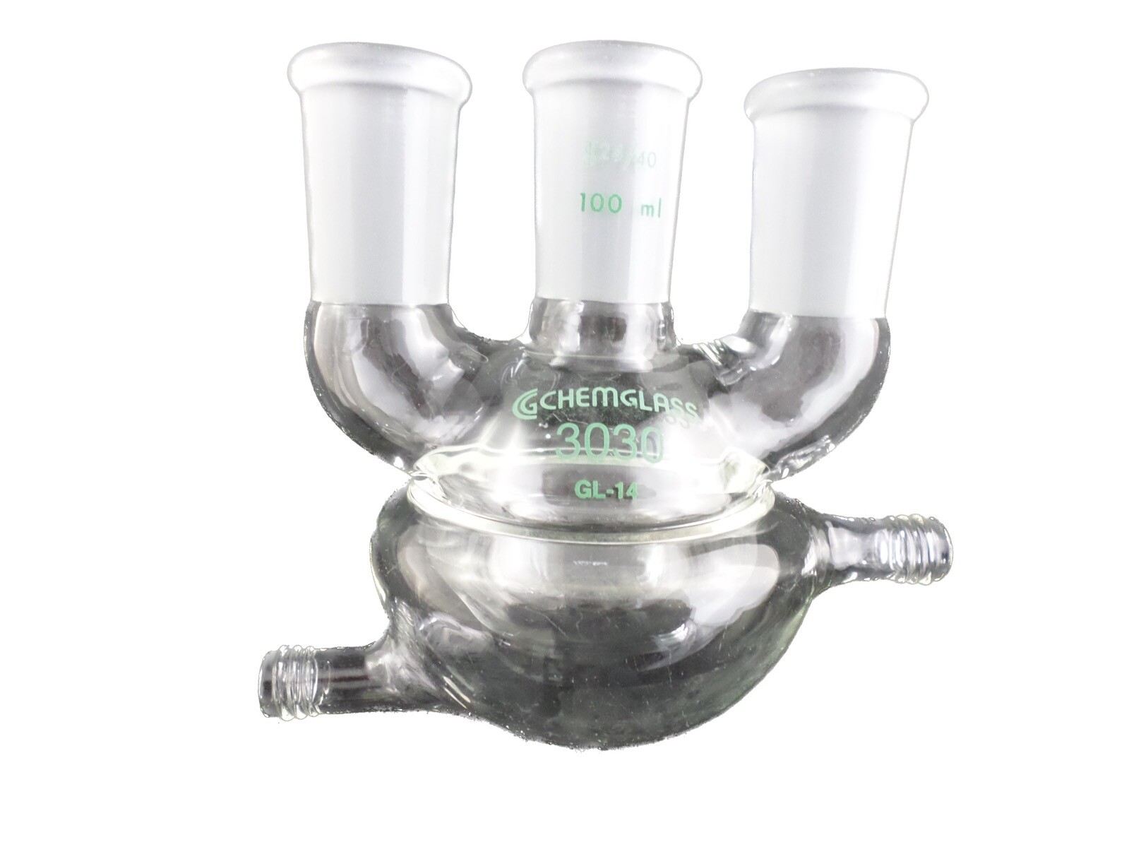 CHEMGLASS 100mL 3-Neck Half Jacketed HW Round Bottom Flask 24/40 Necks CG-153720