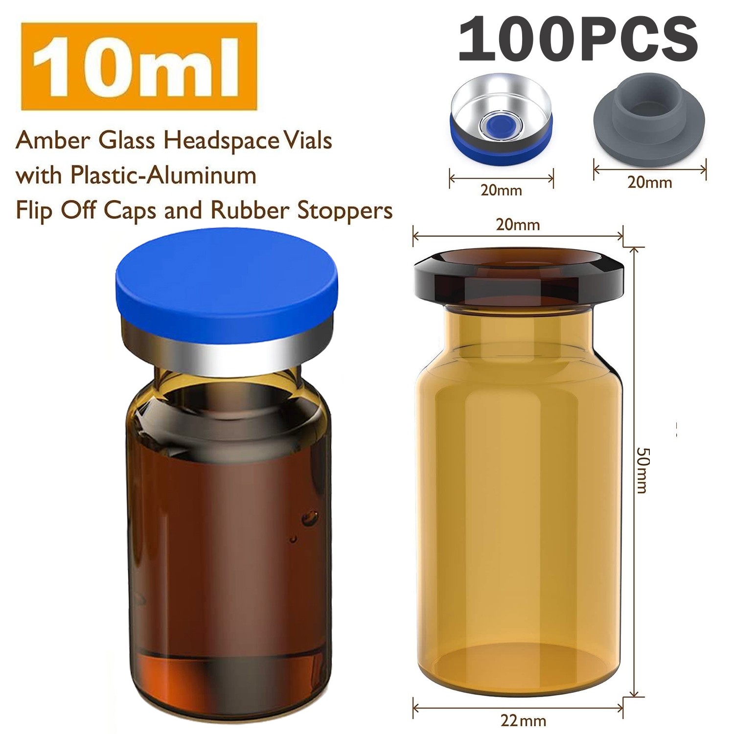 100Pcs 10ml Glass Vials Amber Sample Headspace Vials w/ Caps Plastic Aluminum