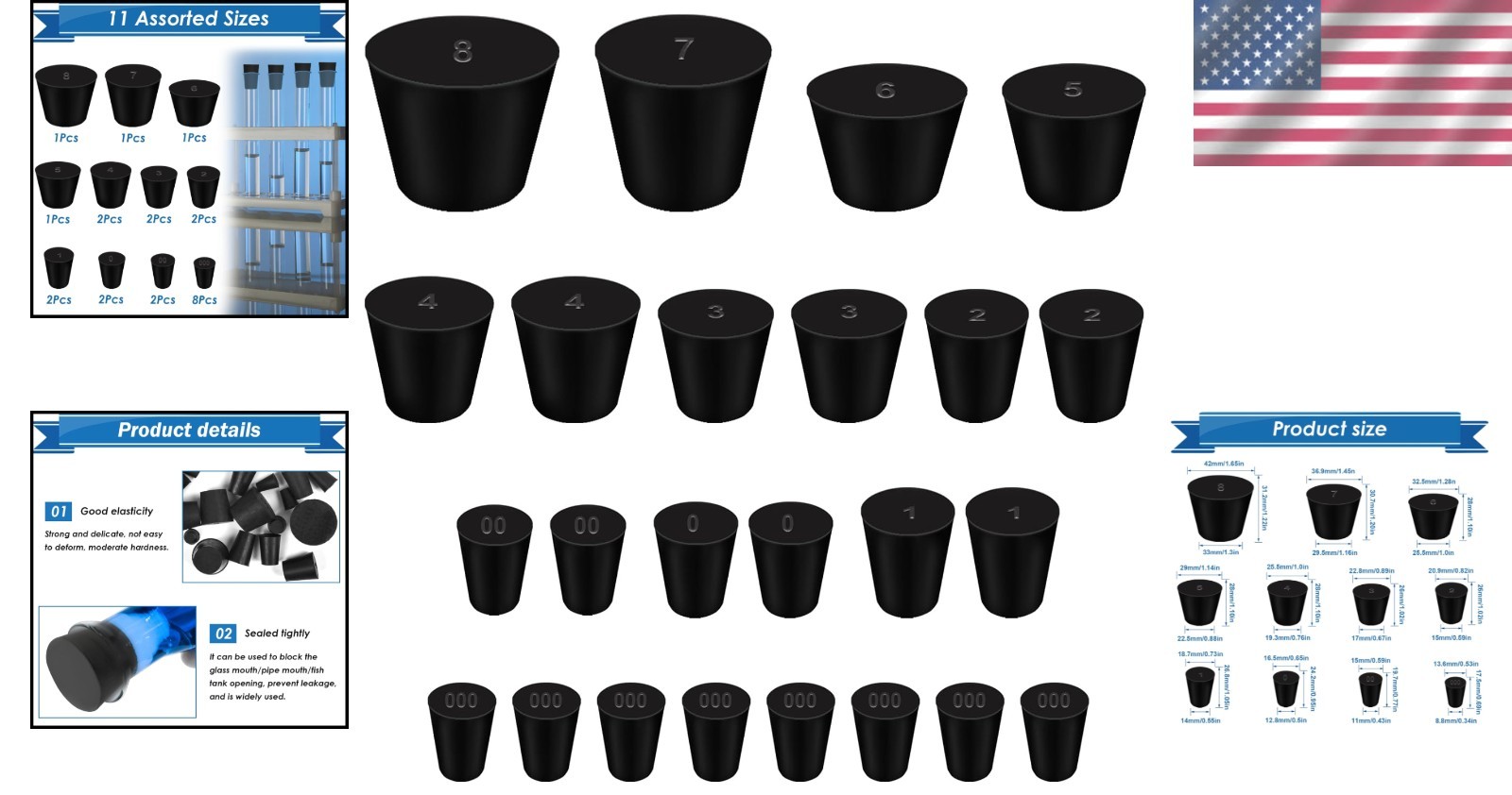 11 Sizes Solid Rubber Stoppers – 24 Packs for Superior Sealing and Versatility