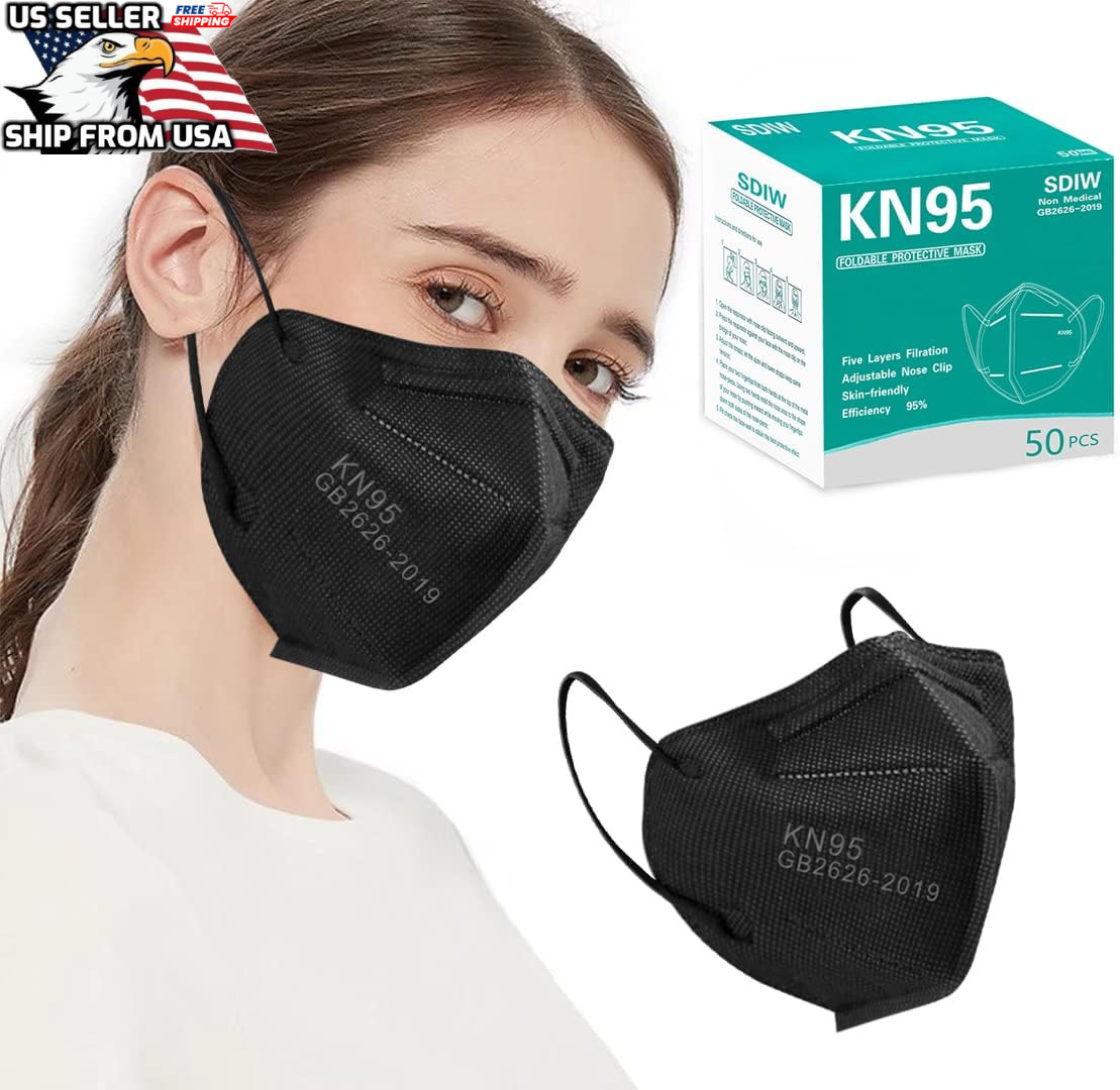 50 PCS Black Color 5-Layers Disposable Face Mask Mouth & Nose Respirator KN95
