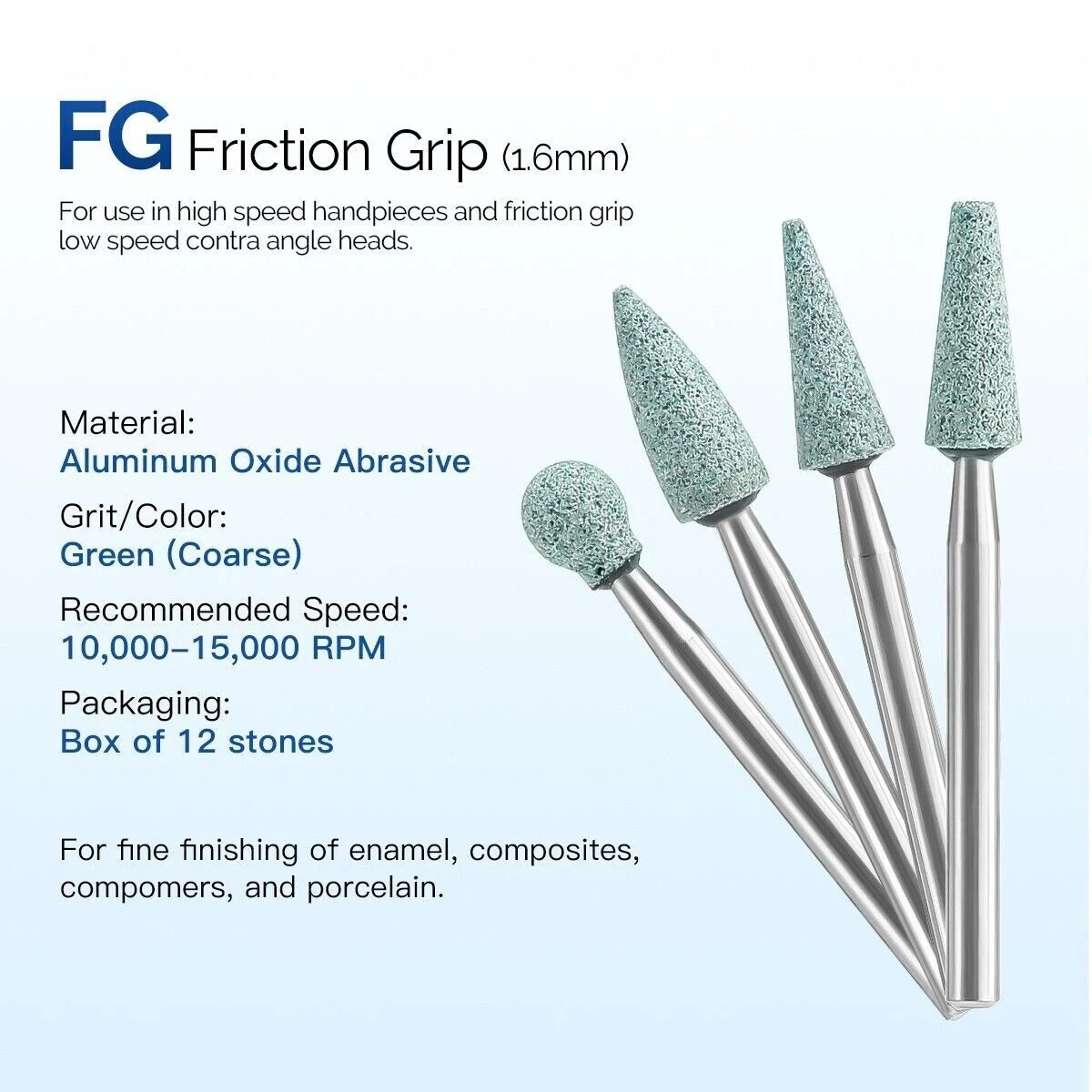 12Pcs/Pack Dental Mounted Abrasive Polishing Finishing Green Stones Points FG RA