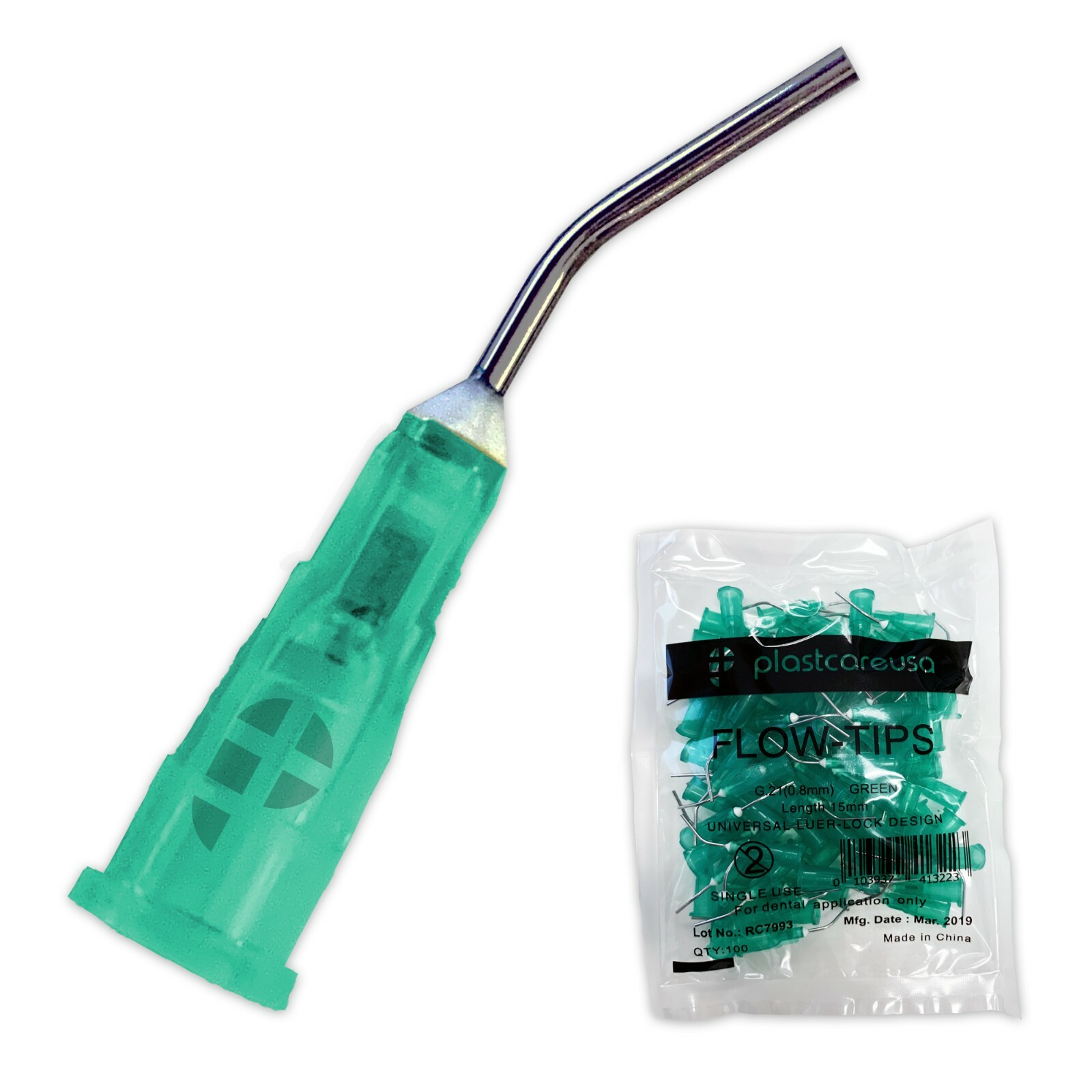 200 Green 21 Gauge Dental Pre Bent Flow Dispensing Tips (2 Bags)