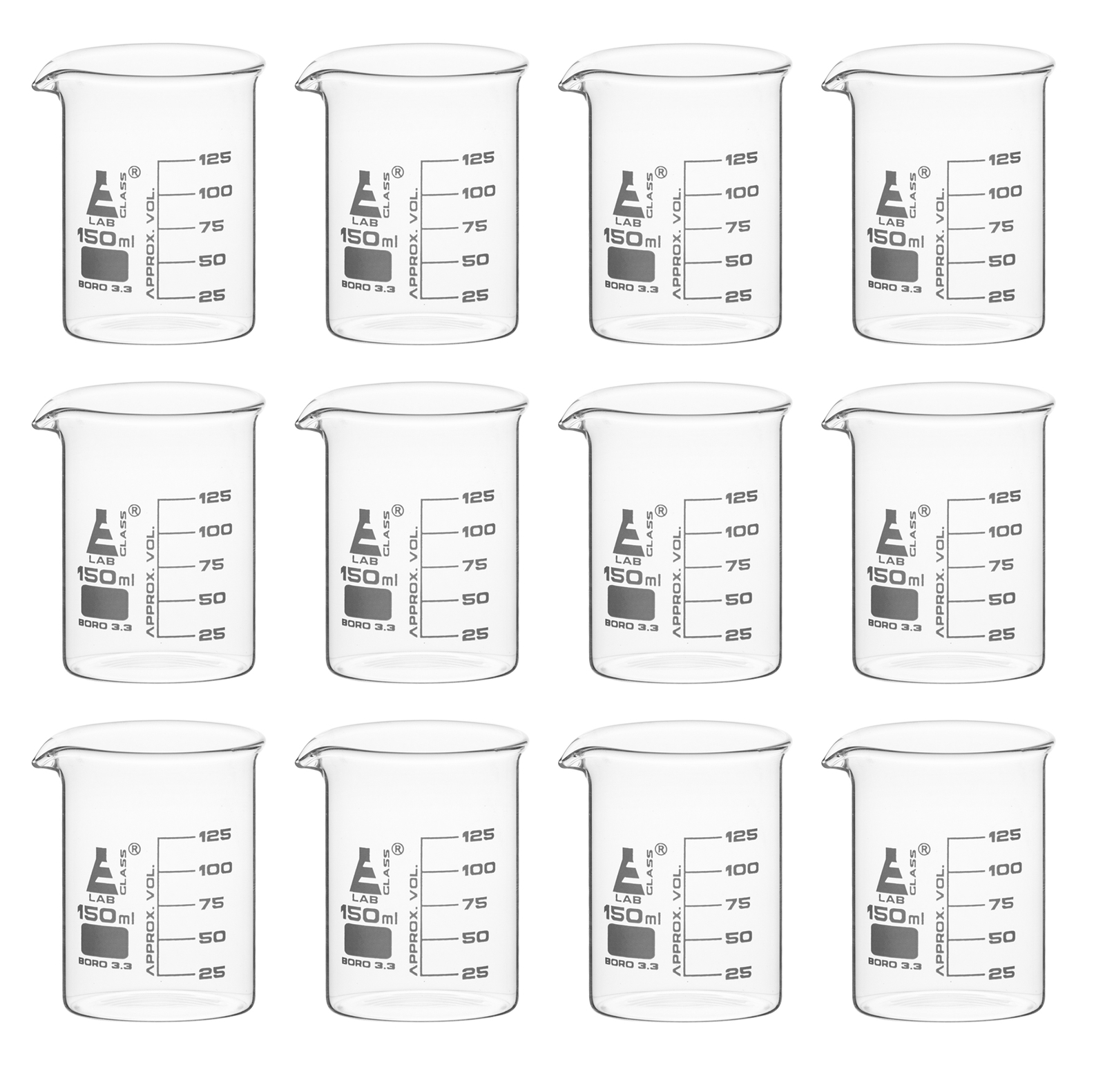 Eisco 150ml Beakers, Low Form, 25ml Graduations – Borosilicate Glass – 12 Pack