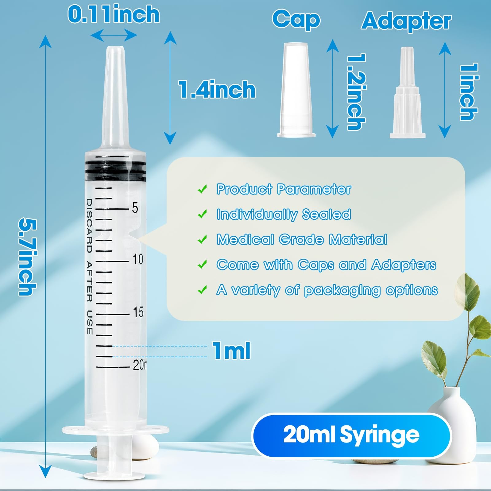 20ml for Liquid,5 Pack Large Plastic Syringes with Adapters and Cap,Individua…